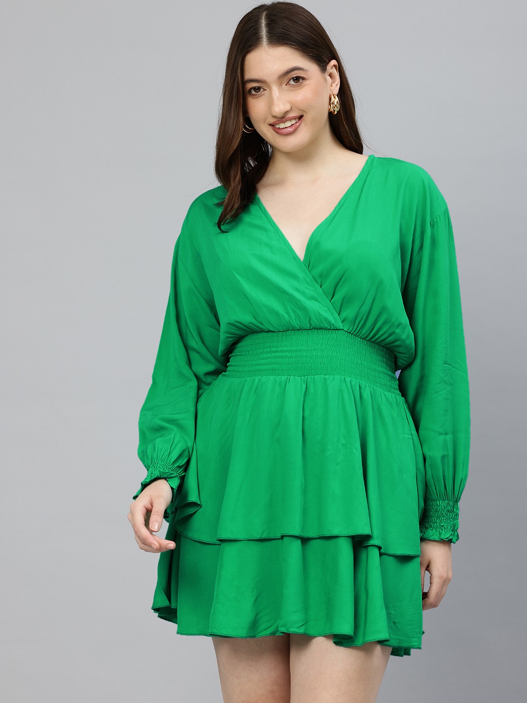 

London Rag Solid Puff Sleeve Layered Fit & Flare Mini Dress, Green