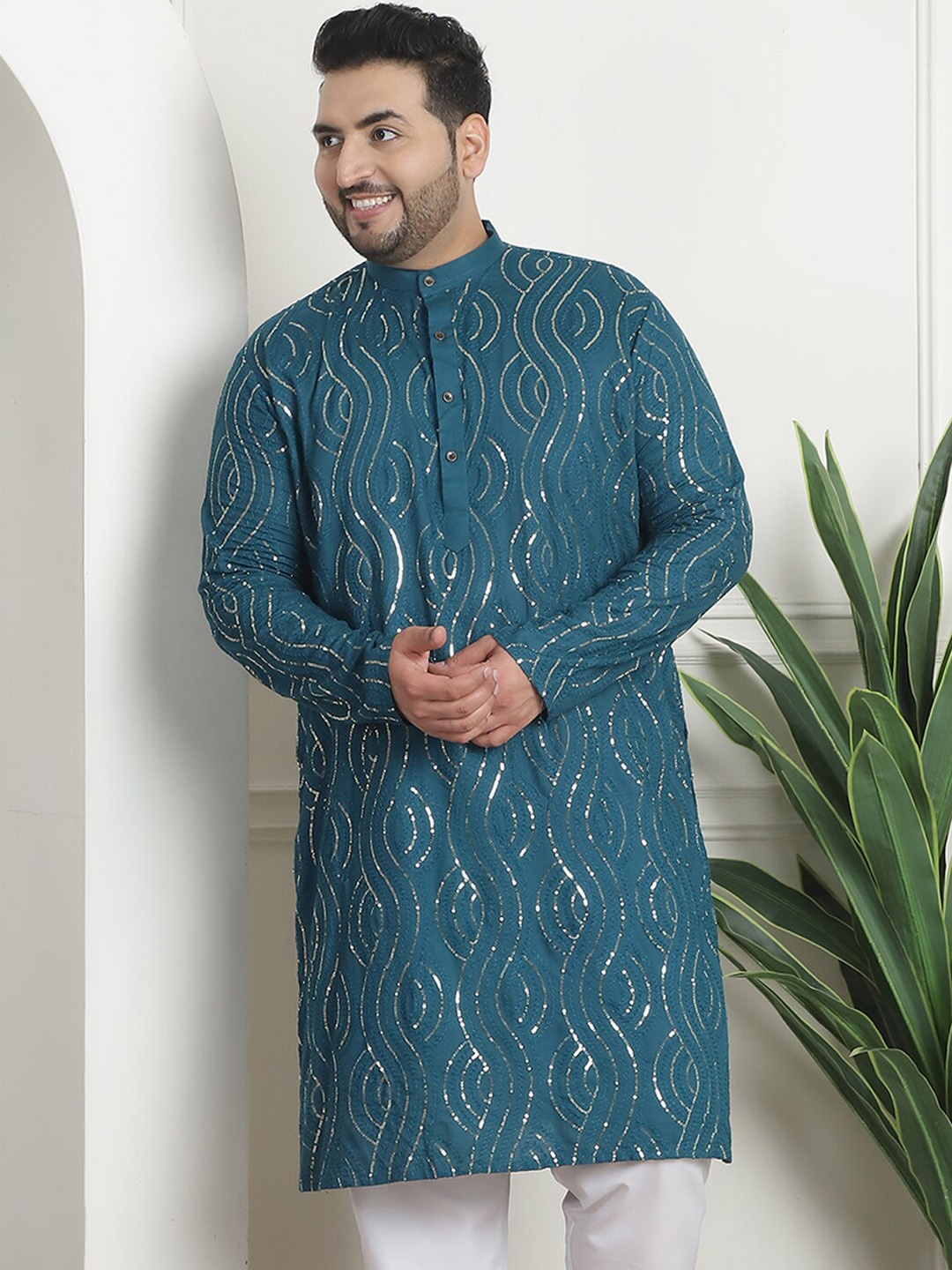 

SOJANYA PLUS PLus Size Ethnic Motifs Embroidered Band Collar Long Sleeves Straight Kurta, Teal