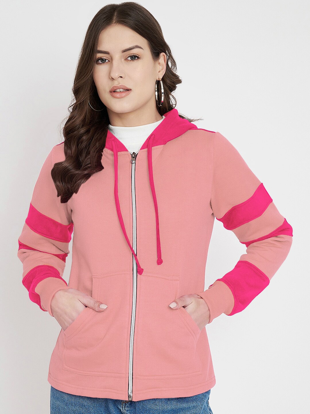 

BRINNS Colourblocked Hooded Long Sleeves Fleece Front-Open Sweatshirt, Pink