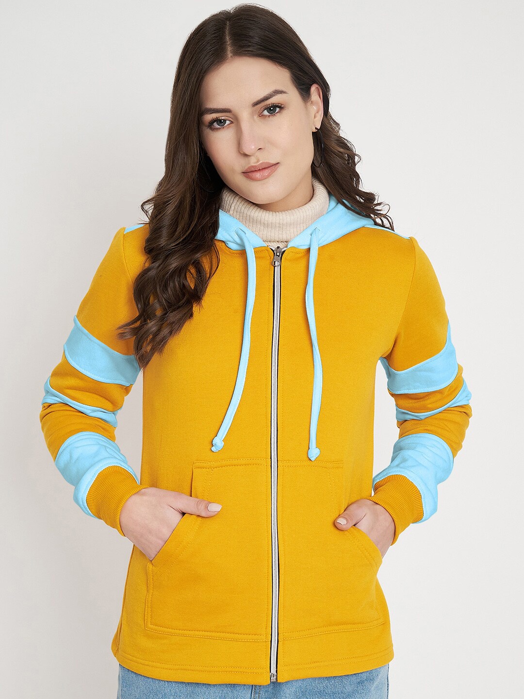 

BRINNS Colourblocked Hooded Long Sleeves Fleece Front-Open Sweatshirt, Mustard