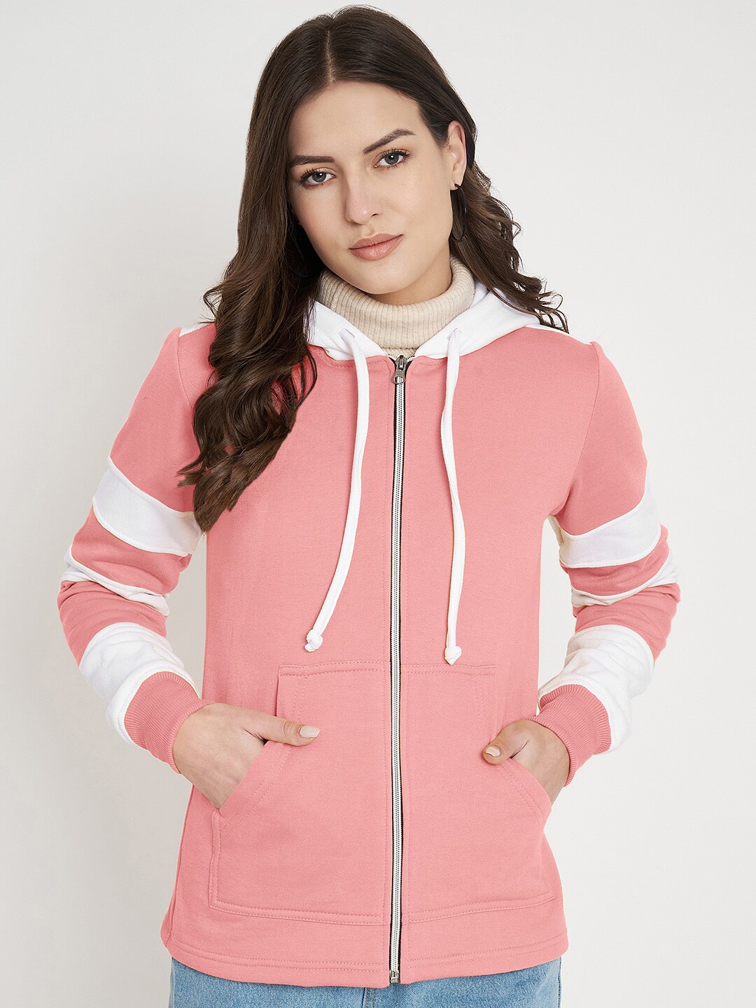 

BRINNS Colourblocked Hooded Long Sleeves Fleece Front-Open Sweatshirt, Pink