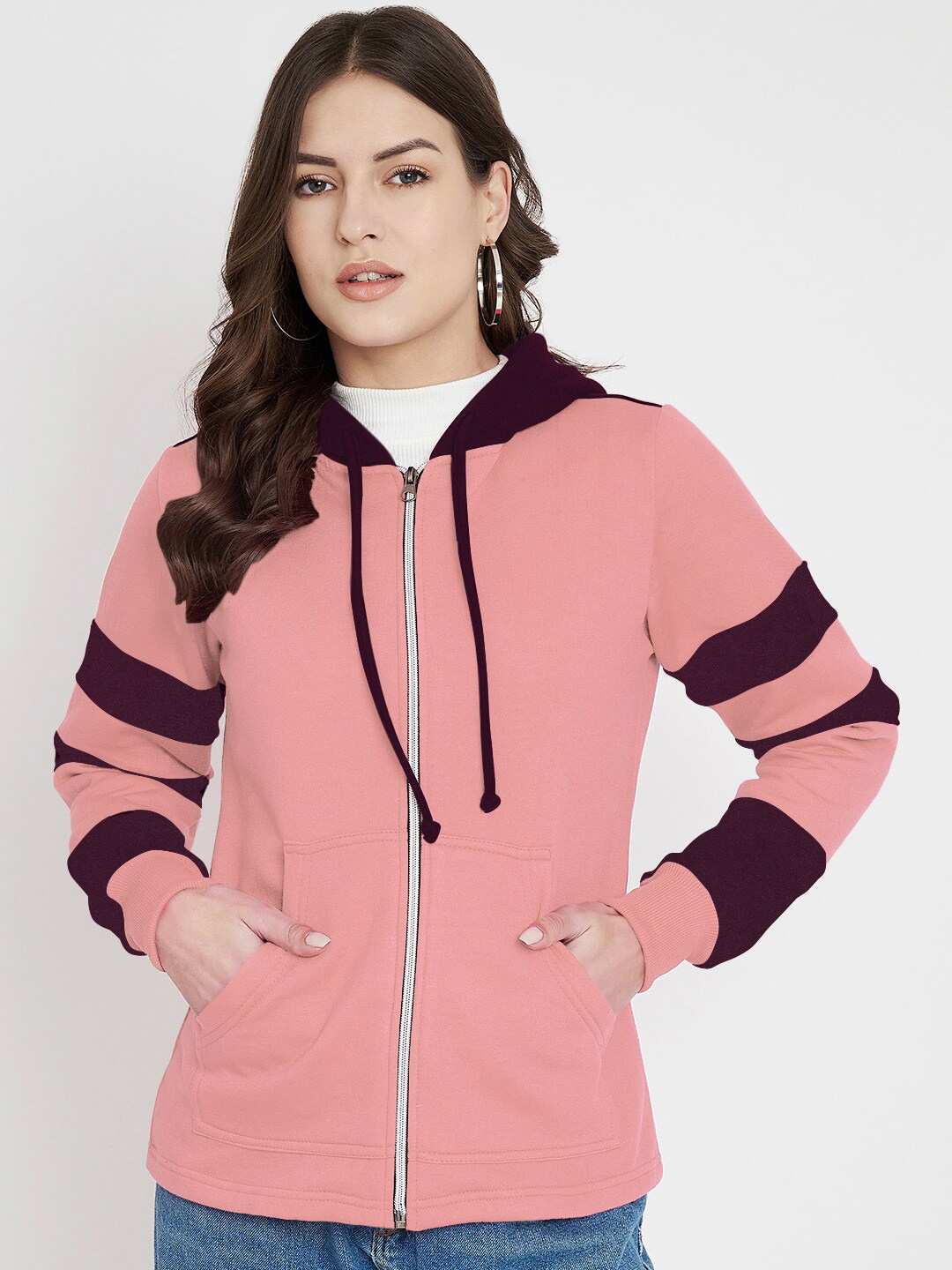 

BRINNS Colourblocked Hooded Long Sleeves Fleece Front-Open Sweatshirt, Pink