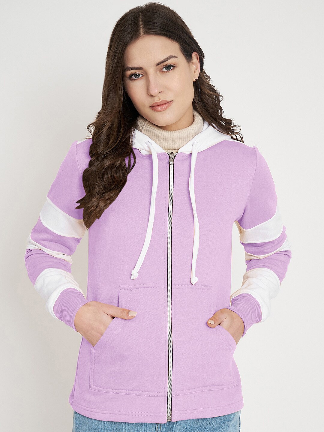 

BRINNS Colourblocked Hooded Long Sleeves Fleece Front-Open Sweatshirt, Lavender