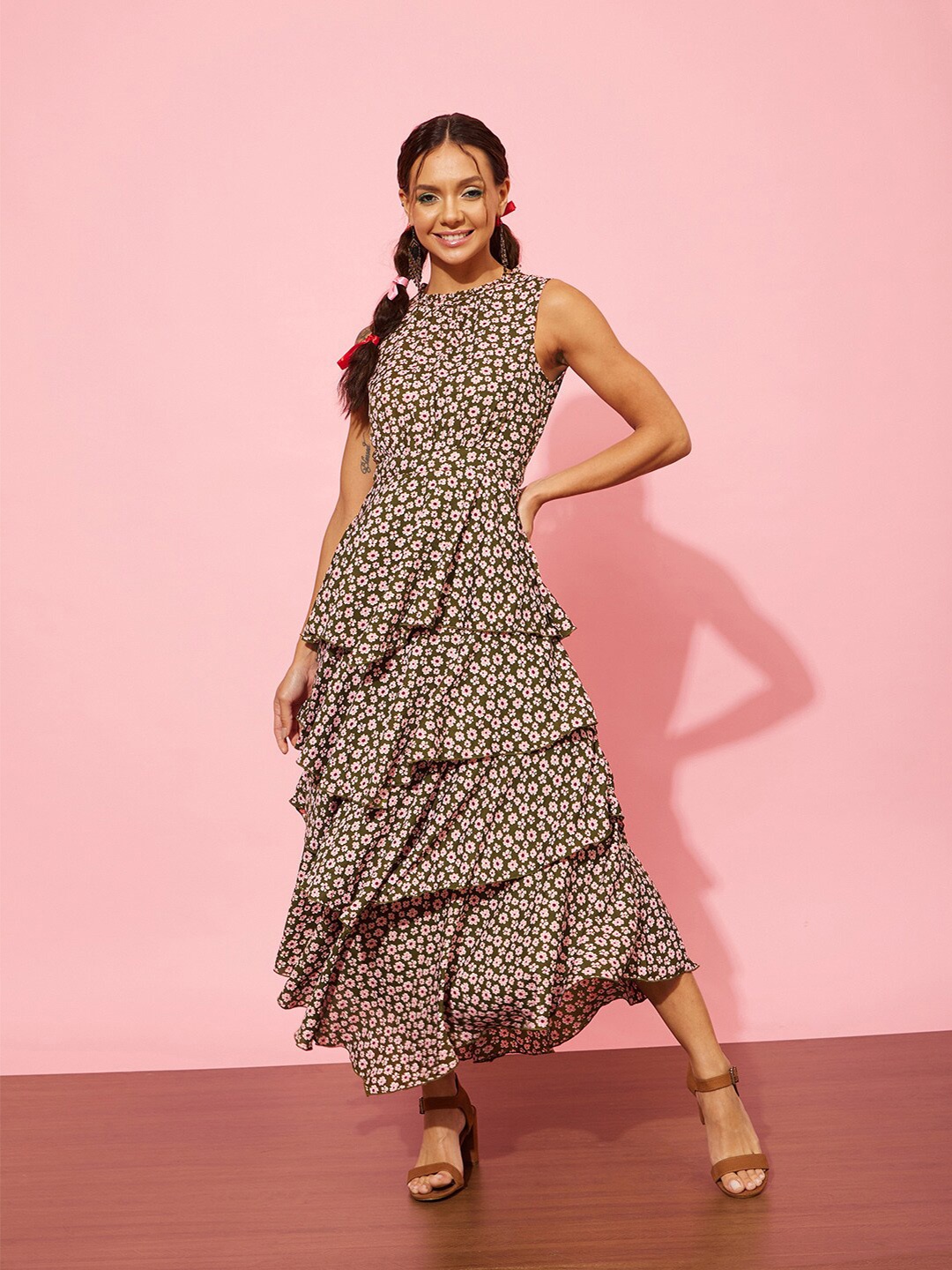 

QUIERO Floral Printed Layered Maxi Dress, Olive