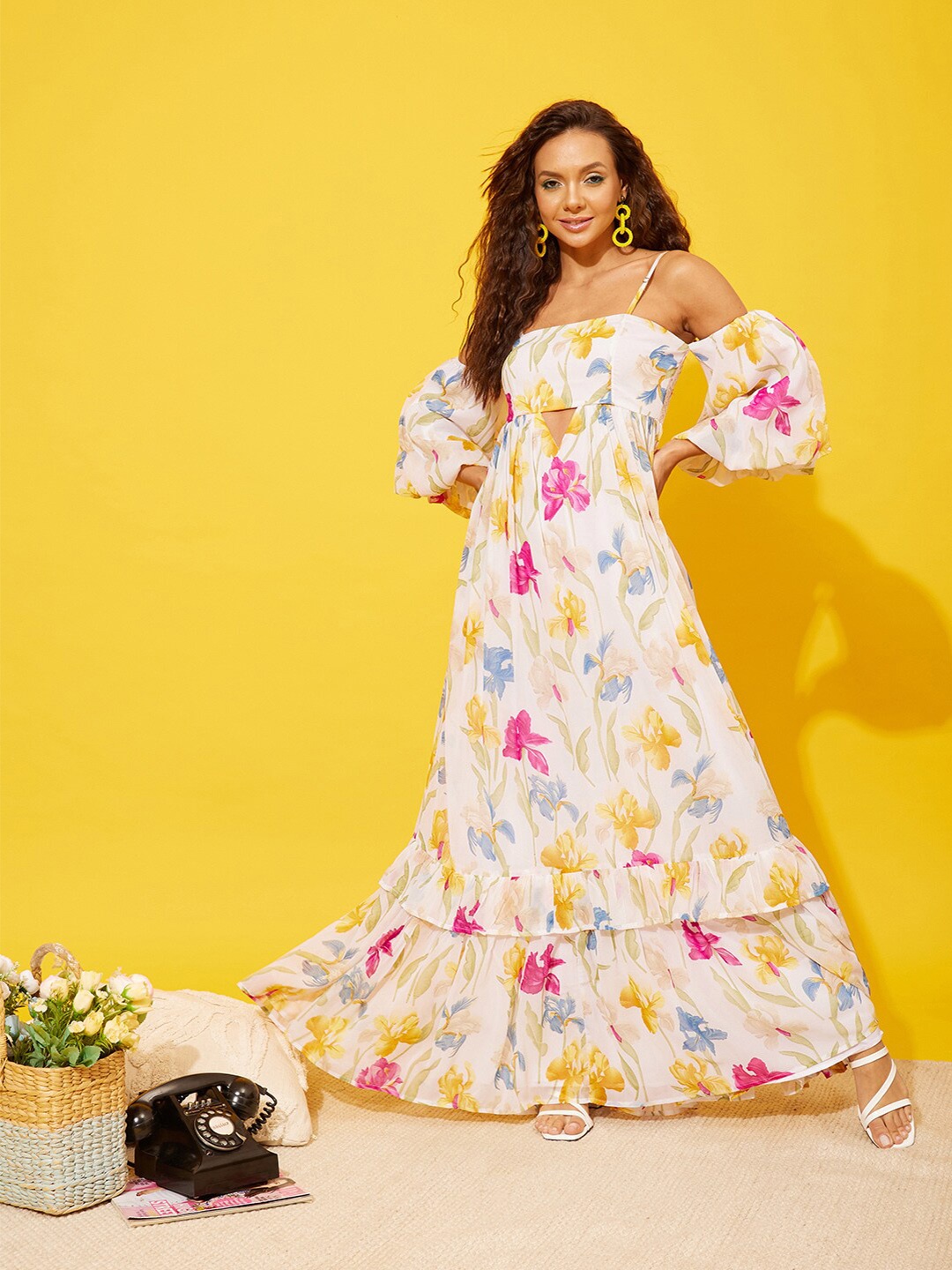 

QUIERO Floral Printed Off-Shoulder Maxi Dress, White