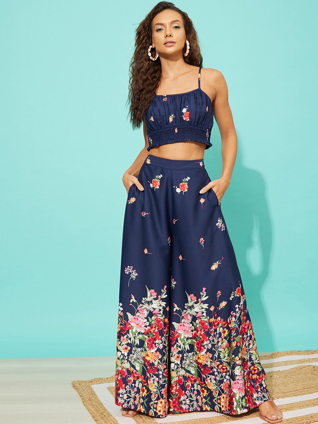 

QUIERO ADA Printed Crop Top With Palazzo, Navy blue