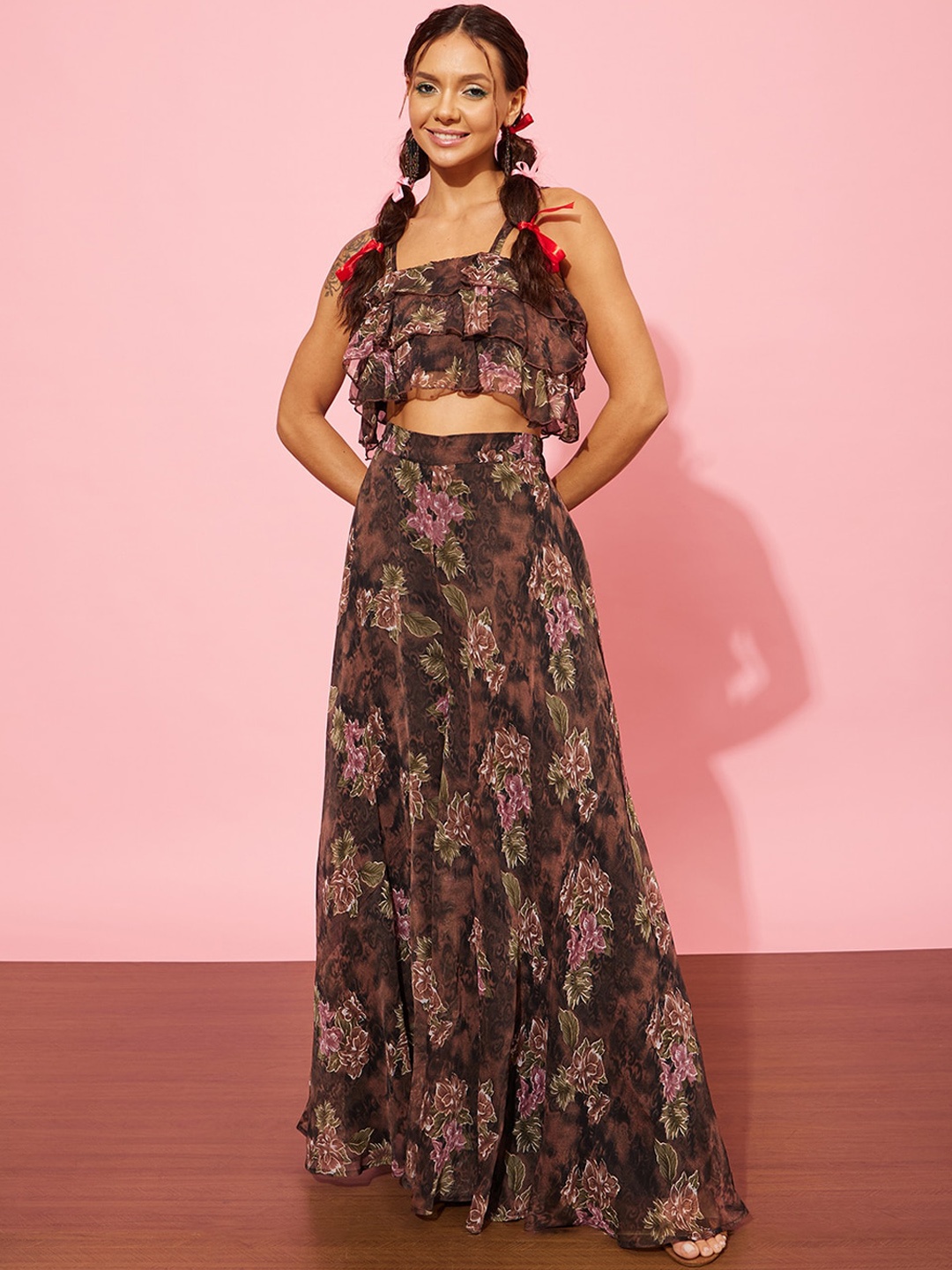 

QUIERO Printed Shoulder Straps Crop Top With Palazzo, Brown