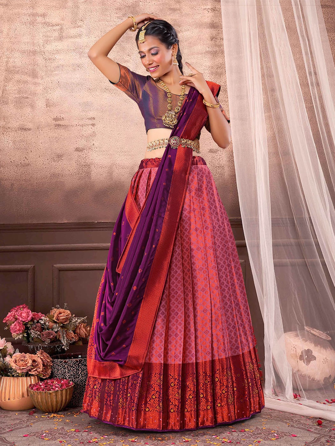 

HALFSAREE STUDIO Semi-Stitched Banarasi Silk Lehenga & Unstitched Blouse With Dupatta, Pink