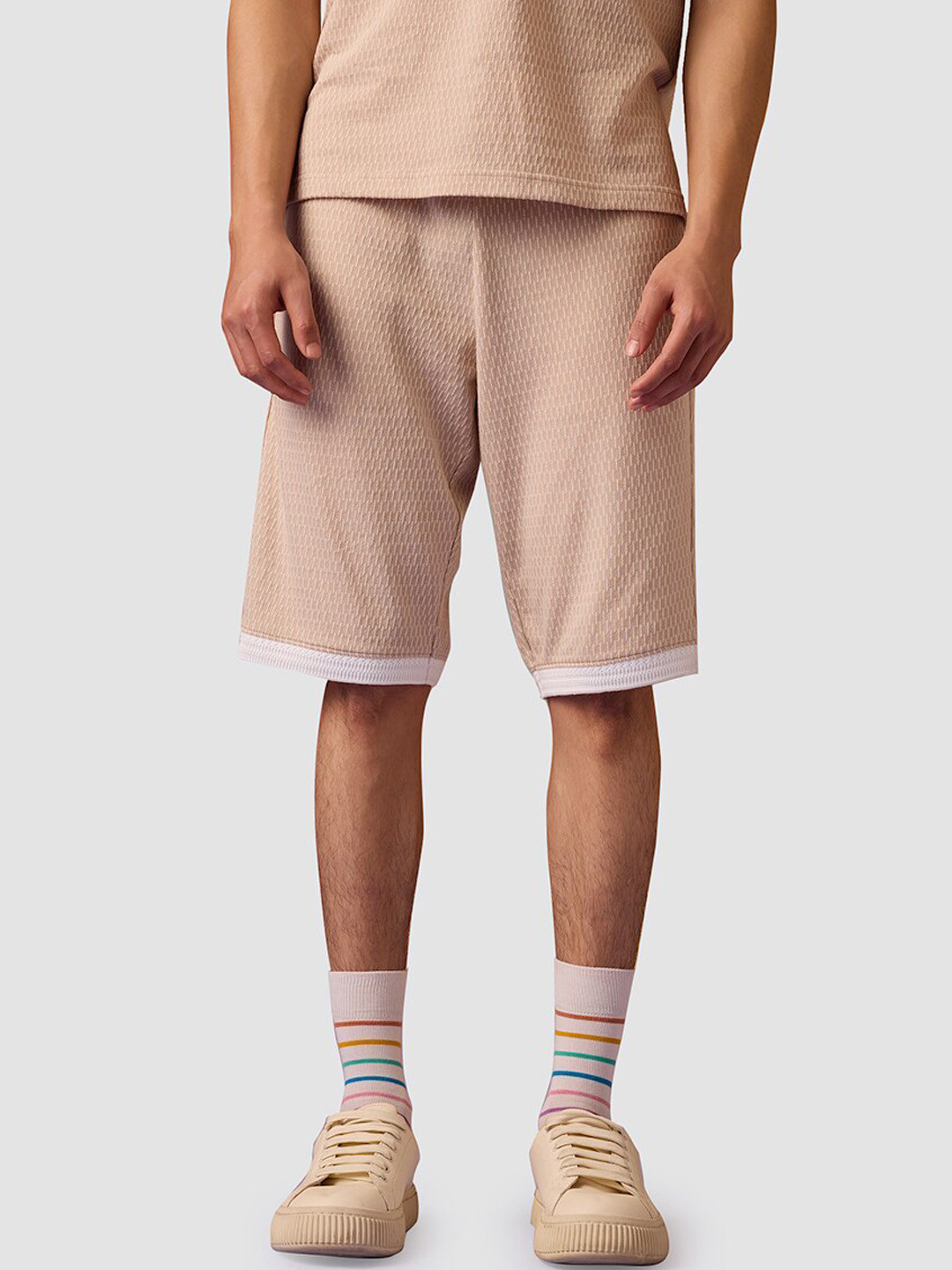 

Muvazo Men Self Design Cotton Shorts, Beige