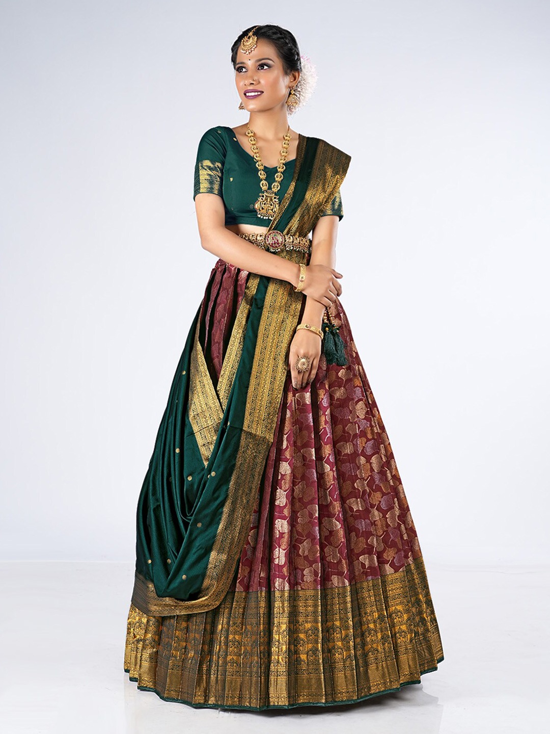 

HALFSAREE STUDIO Woven Design Unstitched Lehenga & Semi-Stitched Blouse With Dupatta, Maroon