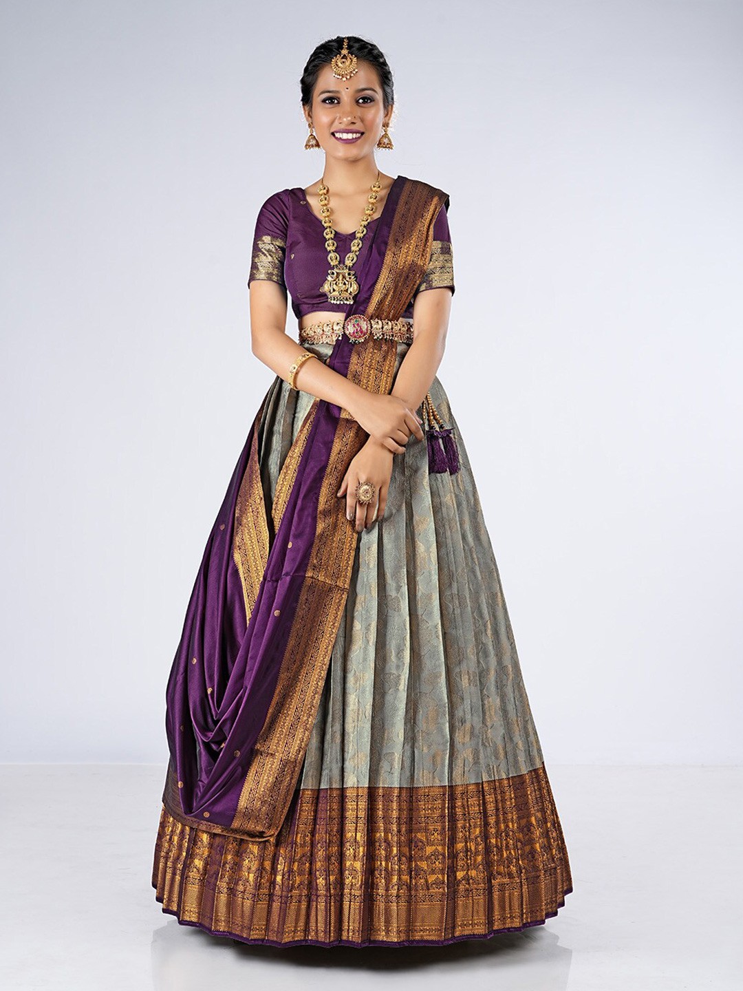 

HALFSAREE STUDIO Woven Design Unstitched Lehenga & Semi-Stitched Blouse With Dupatta, Grey