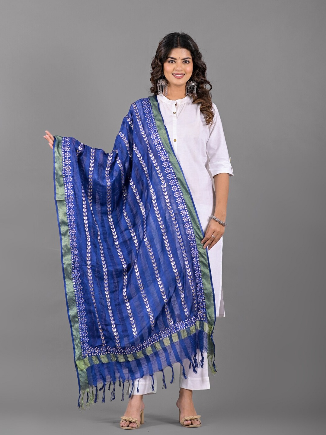 

Apratim Ethnic Motifs Embroidered Mirror Work Detailed Dupatta, Blue