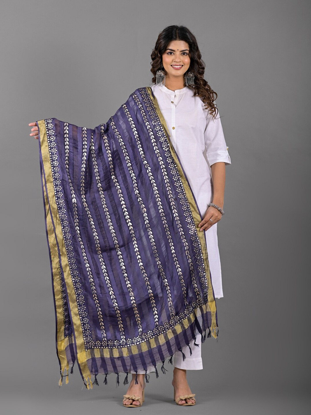 

Apratim Ethnic Motifs Embroidered Mirror Work Detailed Dupatta, Blue