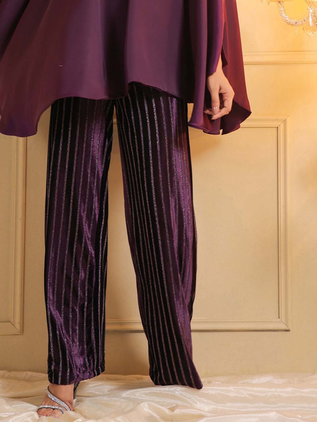 

B'Infinite Women Embellished High-Rise Velvet Parallel Trouser, Purple