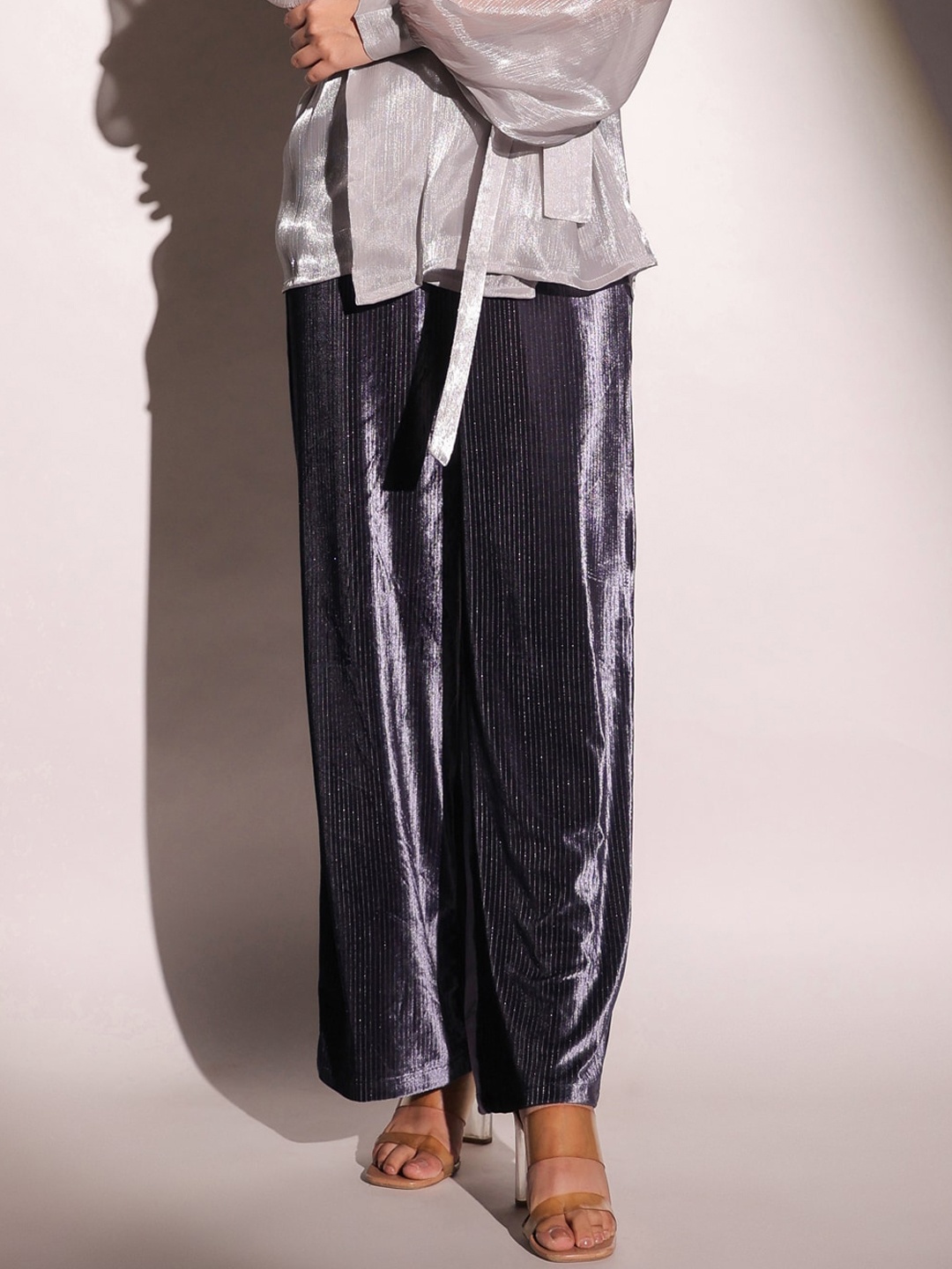 

B'Infinite Women Embellished High-Rise Velvet Parallel Trouser, Grey