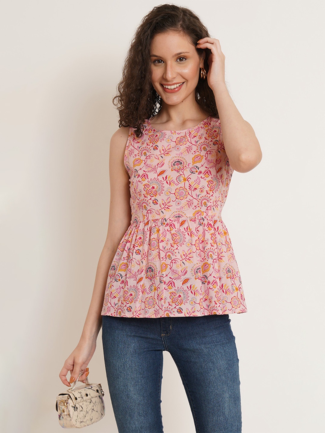 

COTLAND FASHION Floral Printed Pure Jaipuri Cotton Waist Tie-Ups Peplum Top, Pink