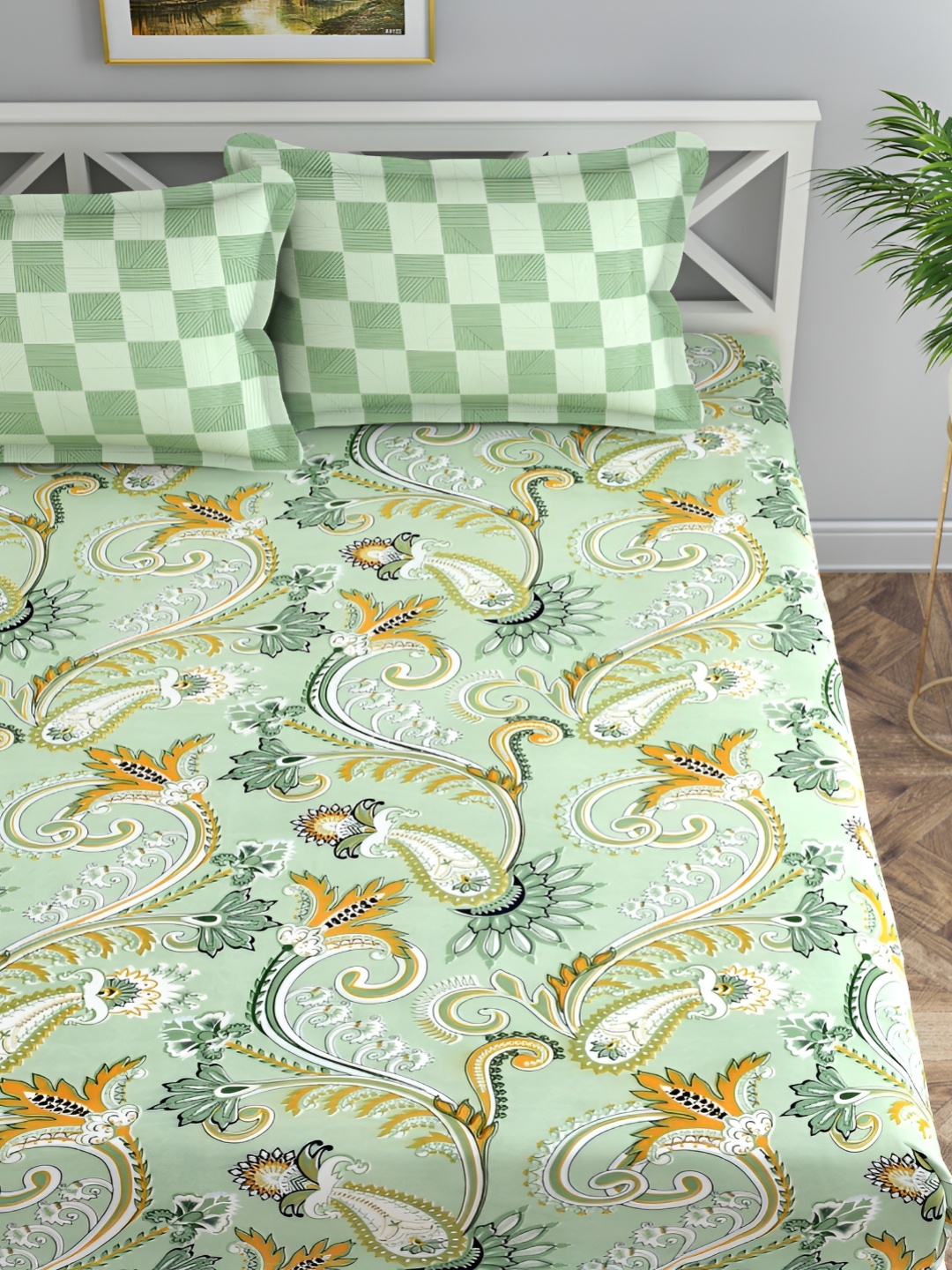 

Florida Green & Mustard Floral 180 TC Cotton King Bedsheet with 2 Pillow Covers