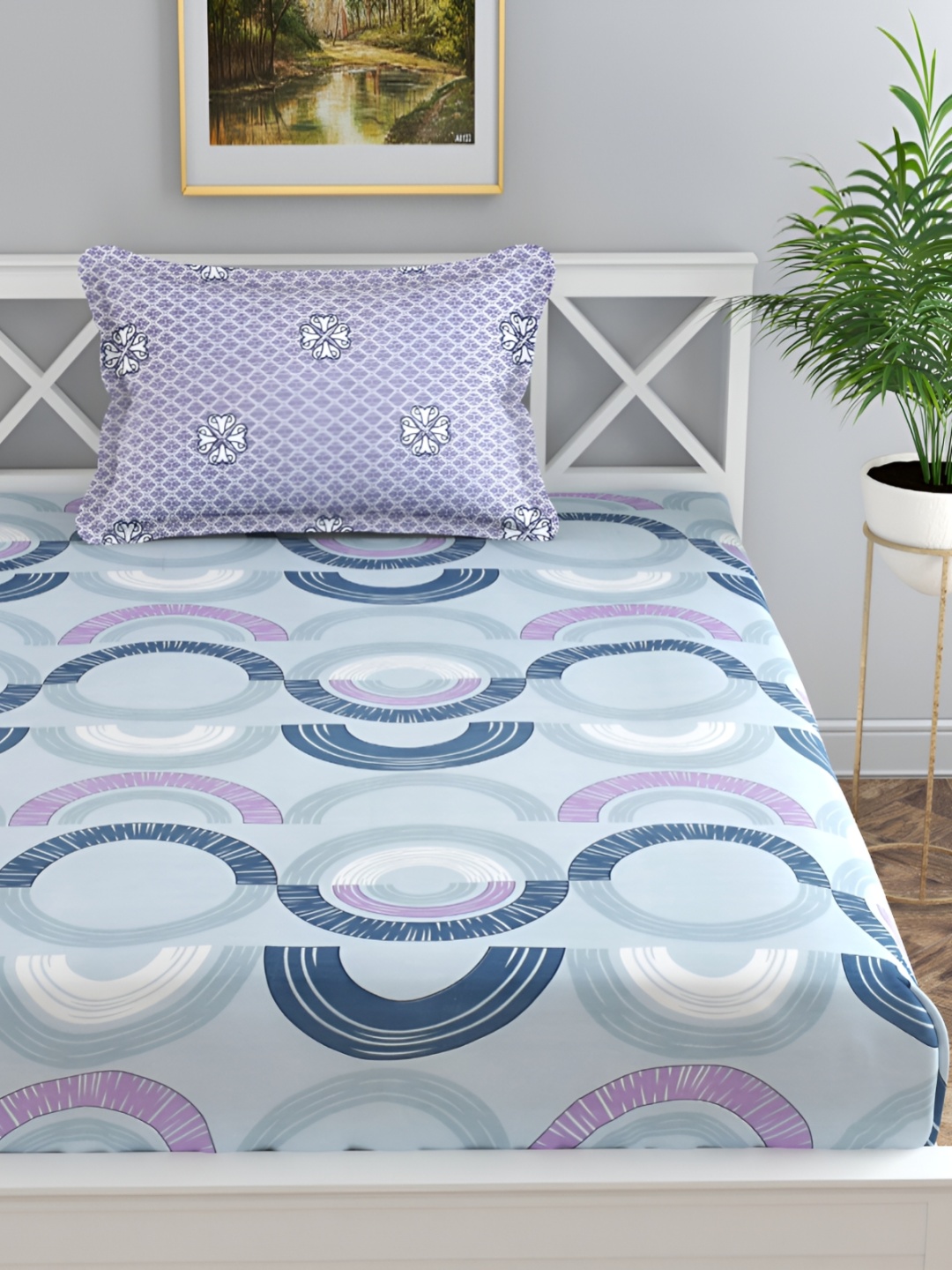 

Florida Blue & Purple Geometric 180 TC Cotton Single Bedsheet with 1 Pillow Covers