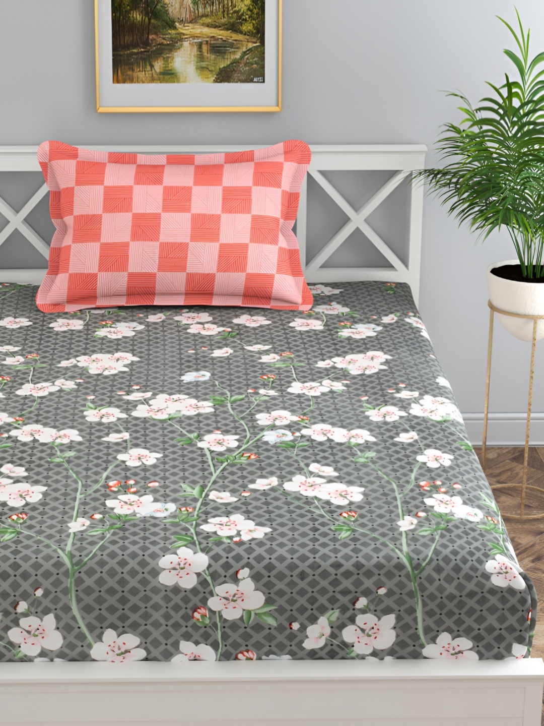 

Florida Grey & White Floral 180 TC Single Cotton Bedsheet with 1 Pillow Covers