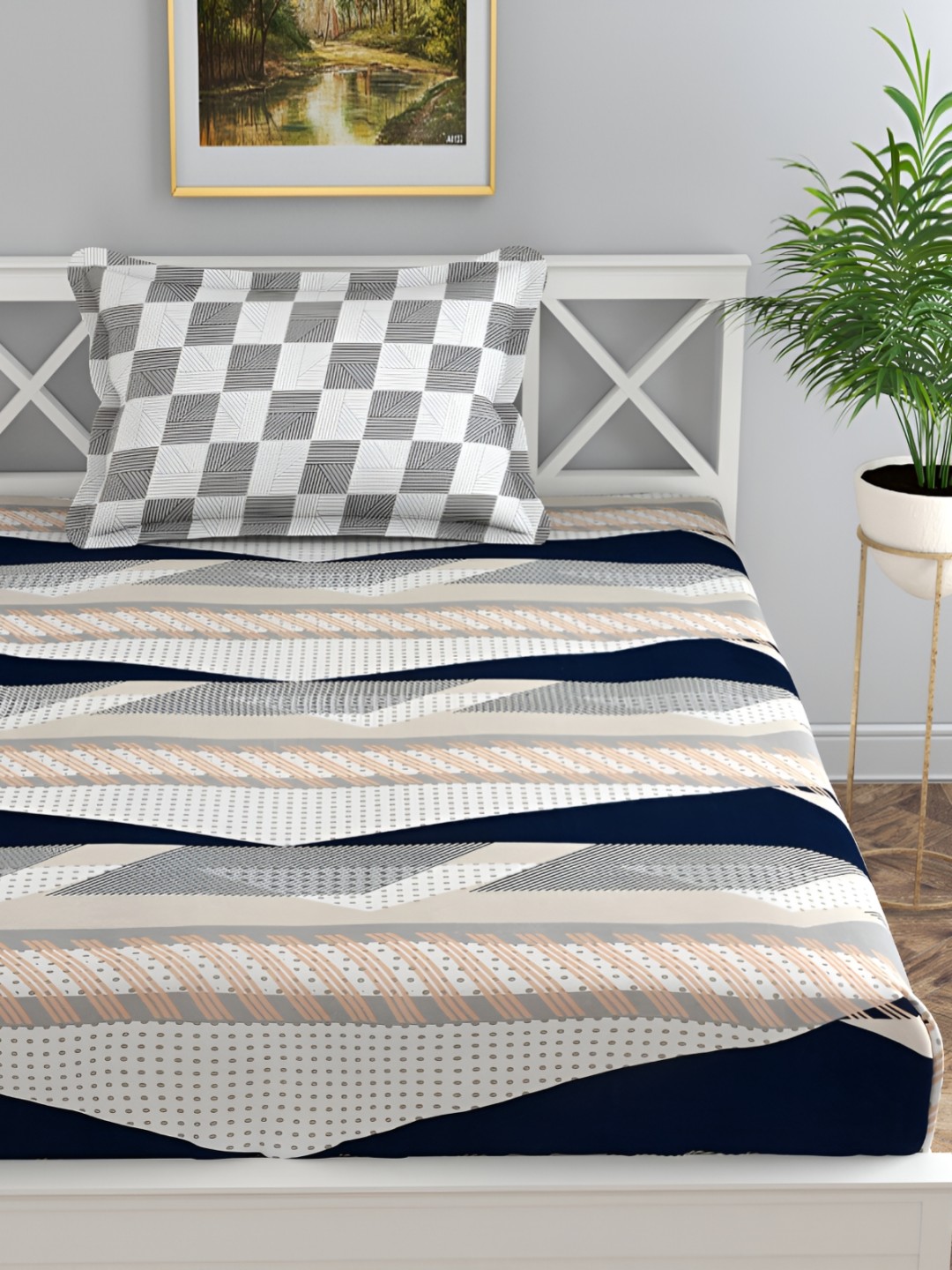 

Florida Silver-Toned Geometric 180 TC Cotton Single Bedsheet with 1 Pillow Covers