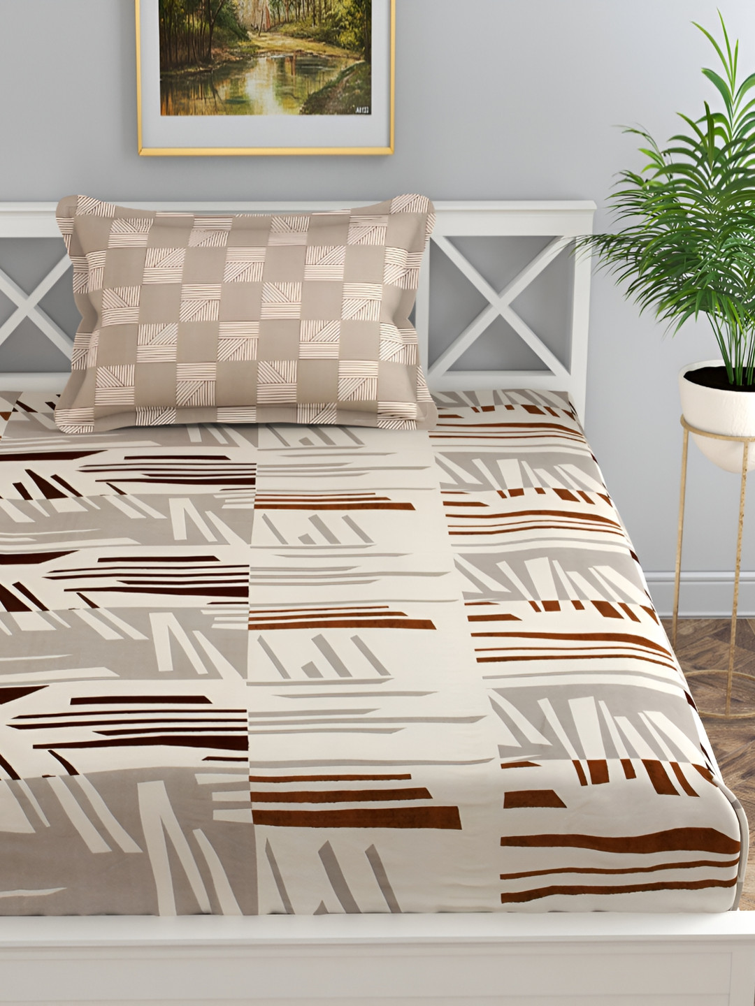 

Florida Beige & Grey Geometric 180 TC Single Bedsheet with 1 Pillow Covers