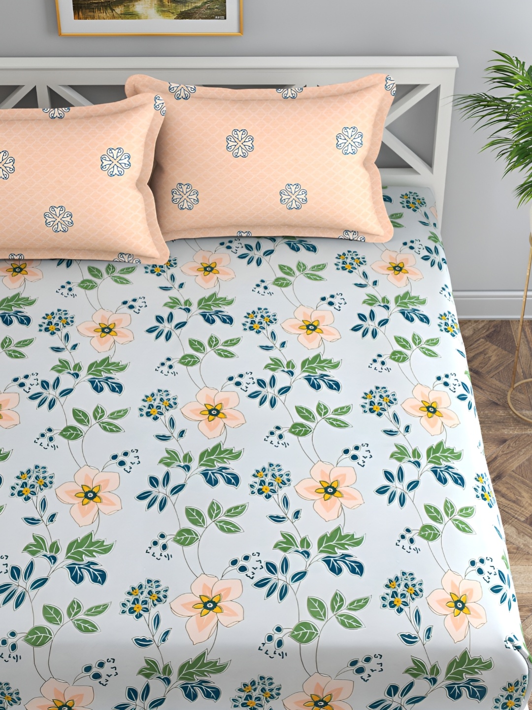 

Florida Orange & Green Floral 180 TC King Bedsheet with 2 Pillow Covers