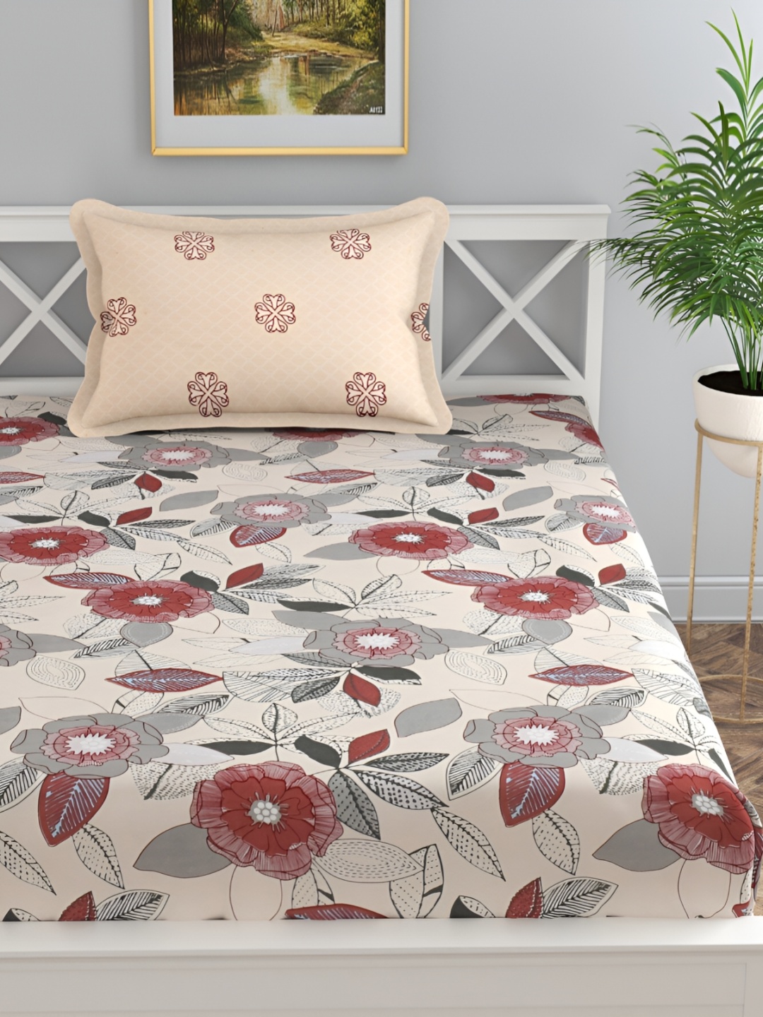 

Florida Cream-Coloured & Grey Floral 180 TC Cotton Single Bedsheet with 1 Pillow Covers