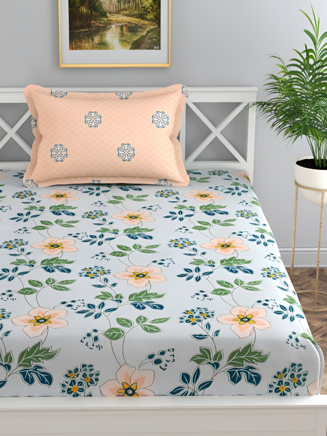 

Florida Blue & Orange Floral 180 TC Single Bedsheet with 1 Pillow Covers