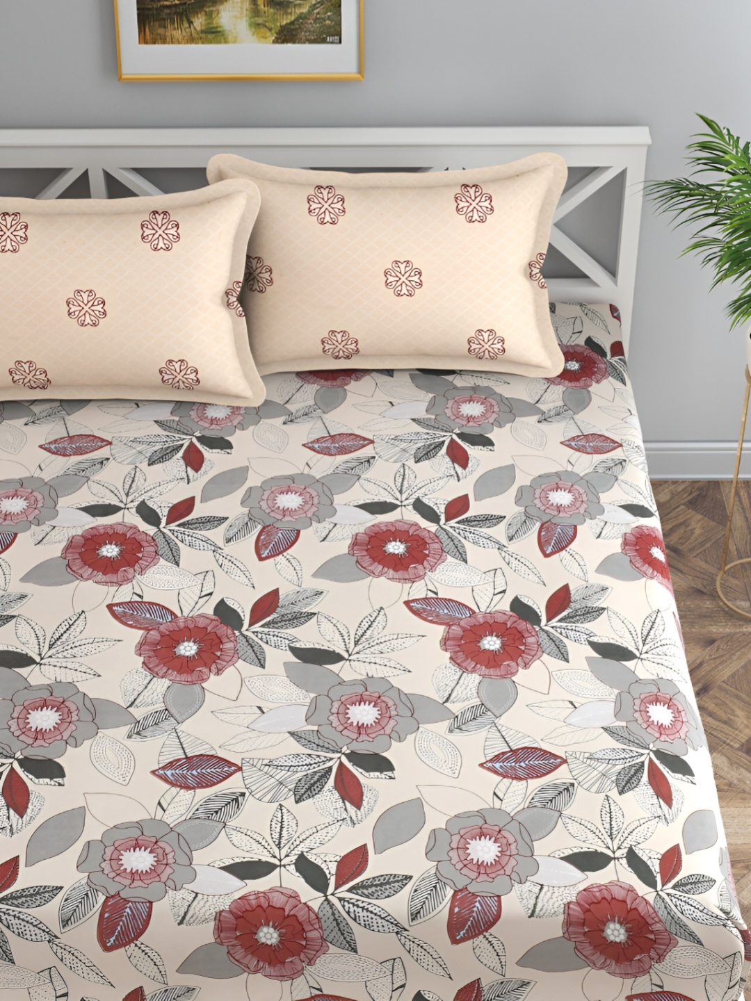

Florida Cream-Coloured & Red Floral 180 TC Cotton Queen Bedsheet with 2 Pillow Covers