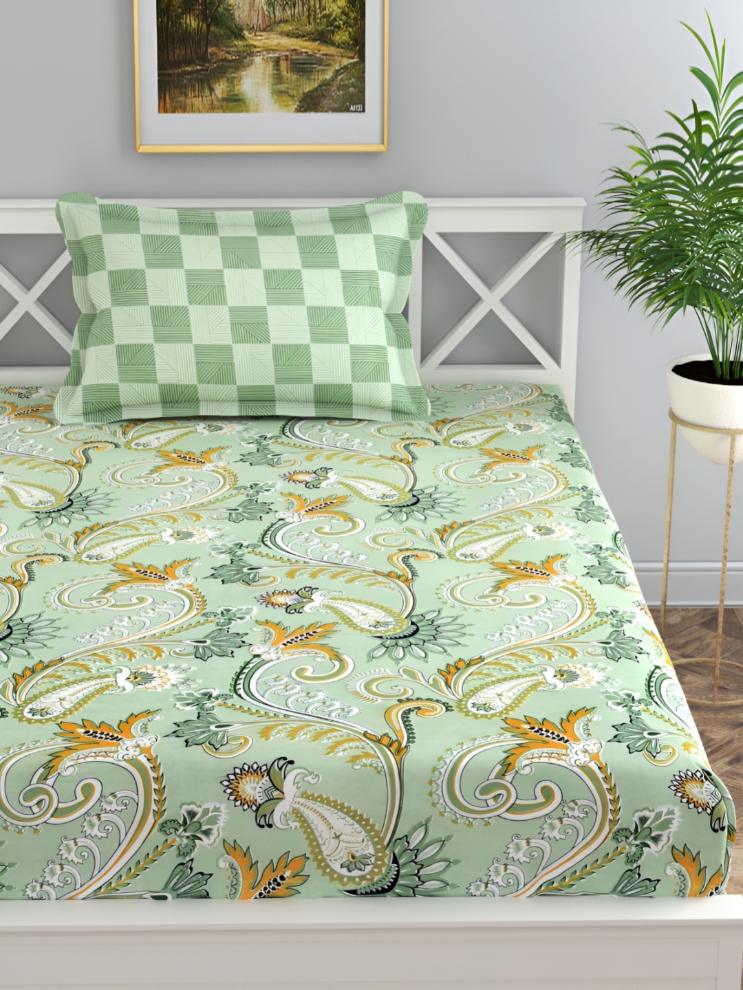 

Florida Green & Blue Floral 180 TC Single Bedsheet with 1 Pillow Covers