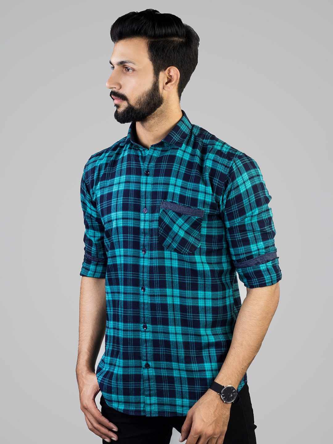

INDIAN THREADS India Slim Fit Tartan Checks Cotton Casual Shirt, Green
