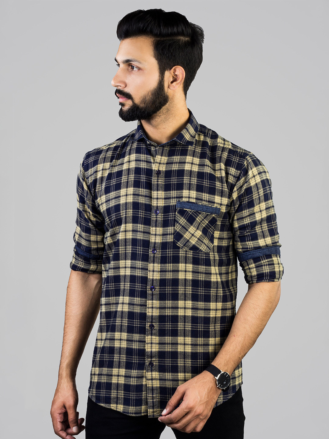 

INDIAN THREADS India Slim Fit Tartan Checks Cotton Casual Shirt, Brown