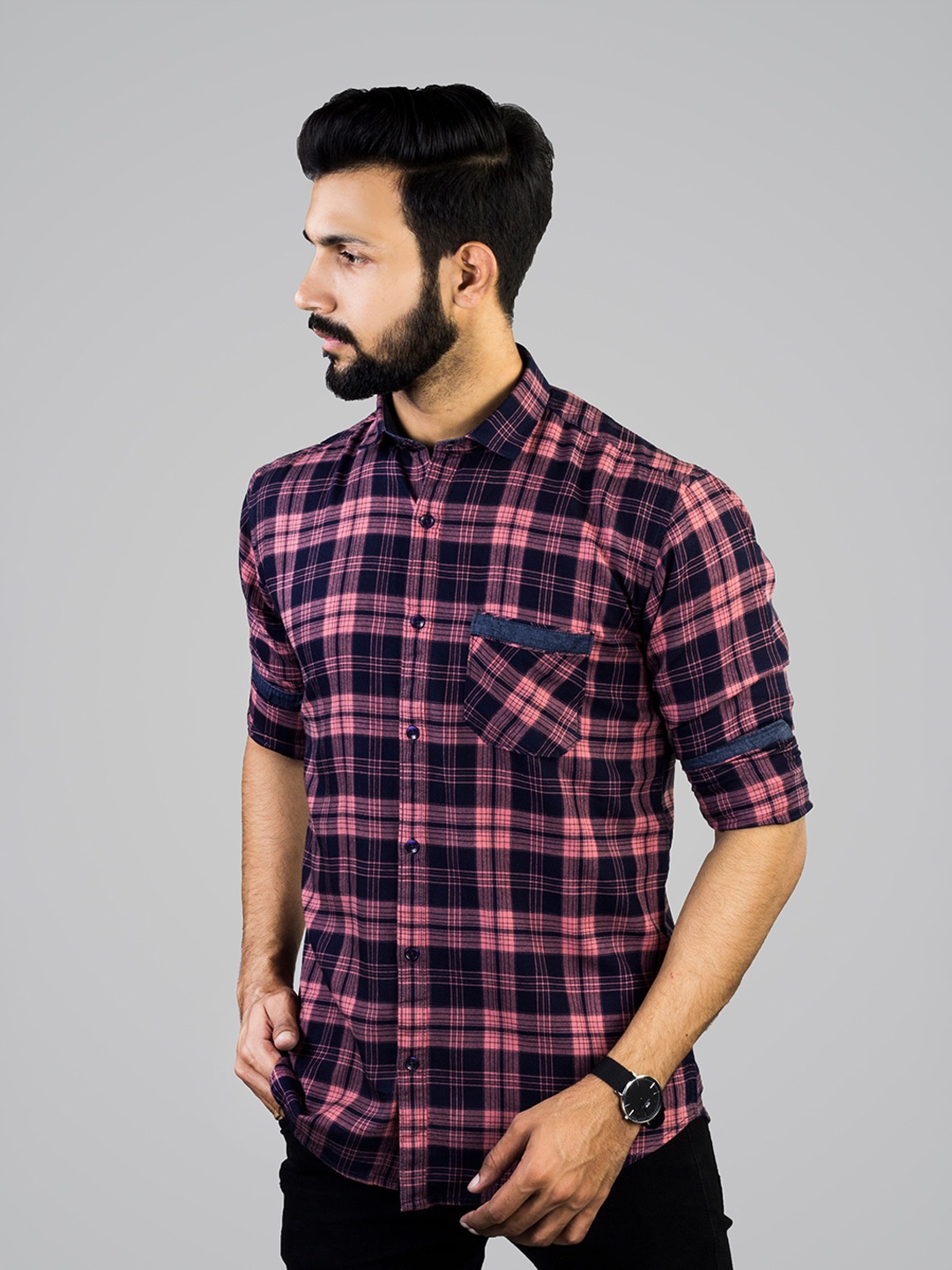 

INDIAN THREADS India Slim Fit Tartan Checks Cotton Casual Shirt, Peach
