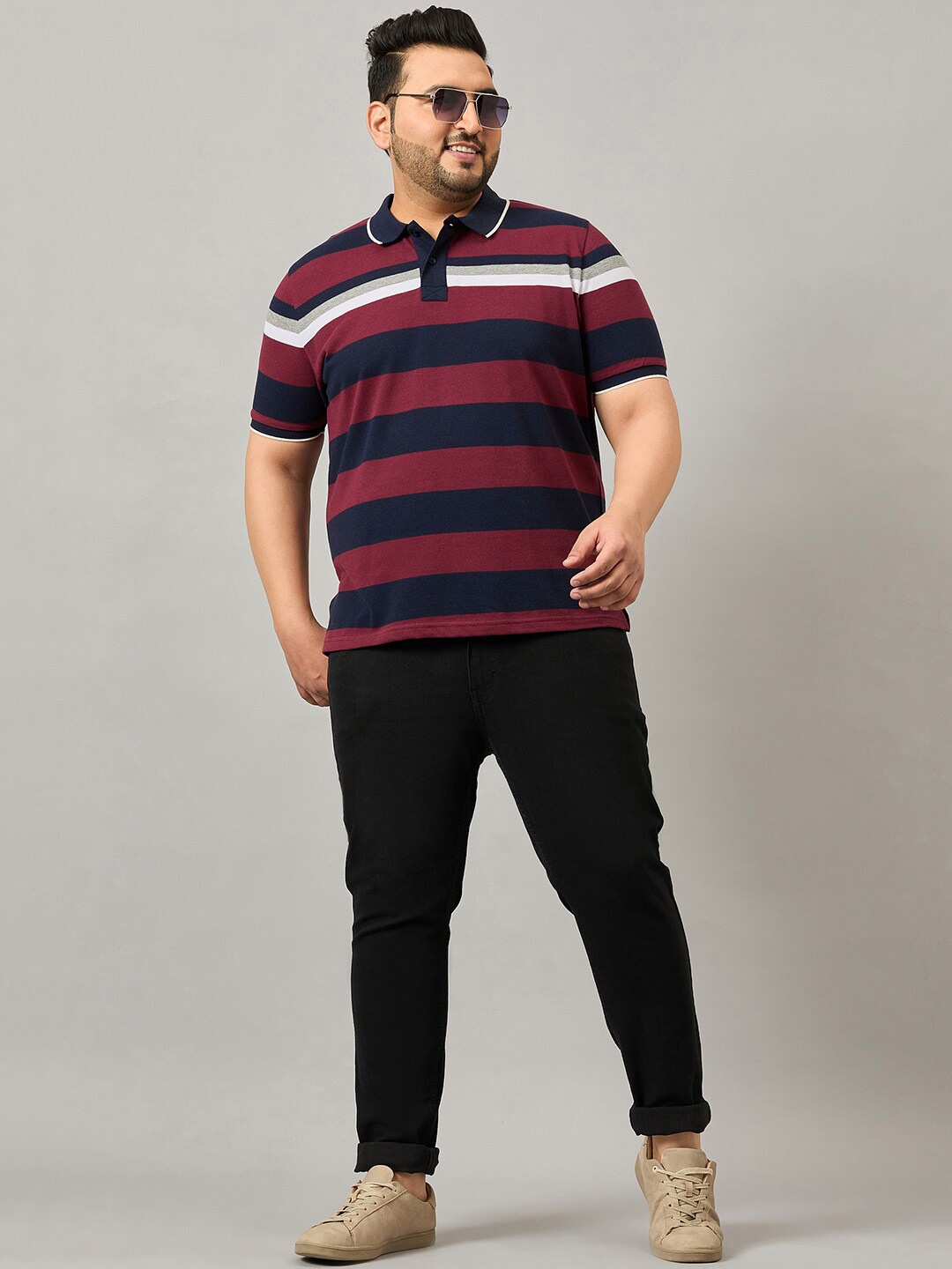 

AUSTIVO Plus Size Striped Polo Collar T-shirt, Maroon