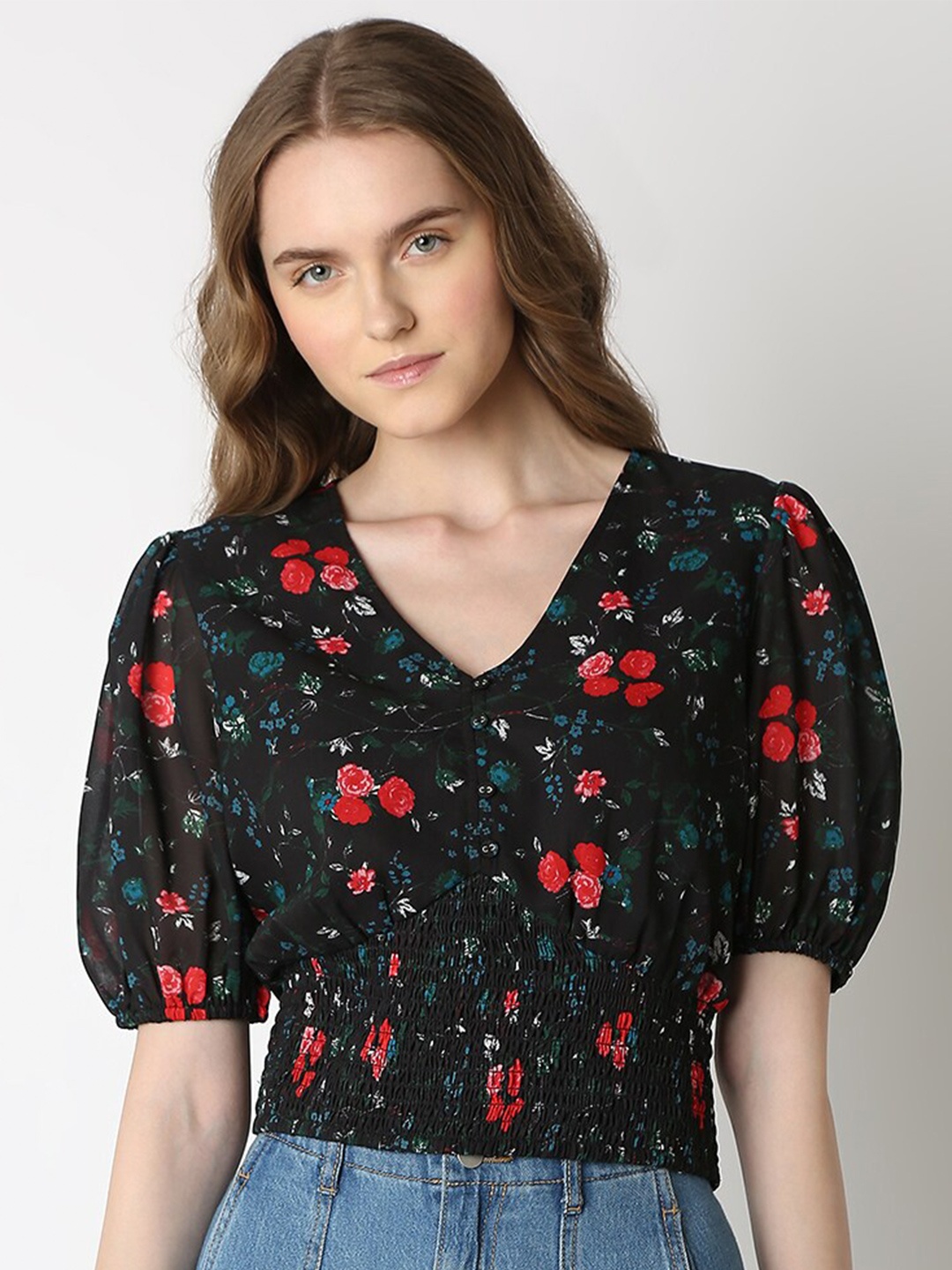 

Vero Moda Floral Printed Crop Top, Black
