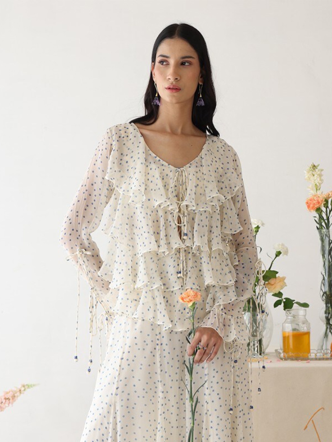 

Baise Gaba Polka Dot Print Tie-Up Neck Puff Sleeve Layered Chiffon Top, Off white