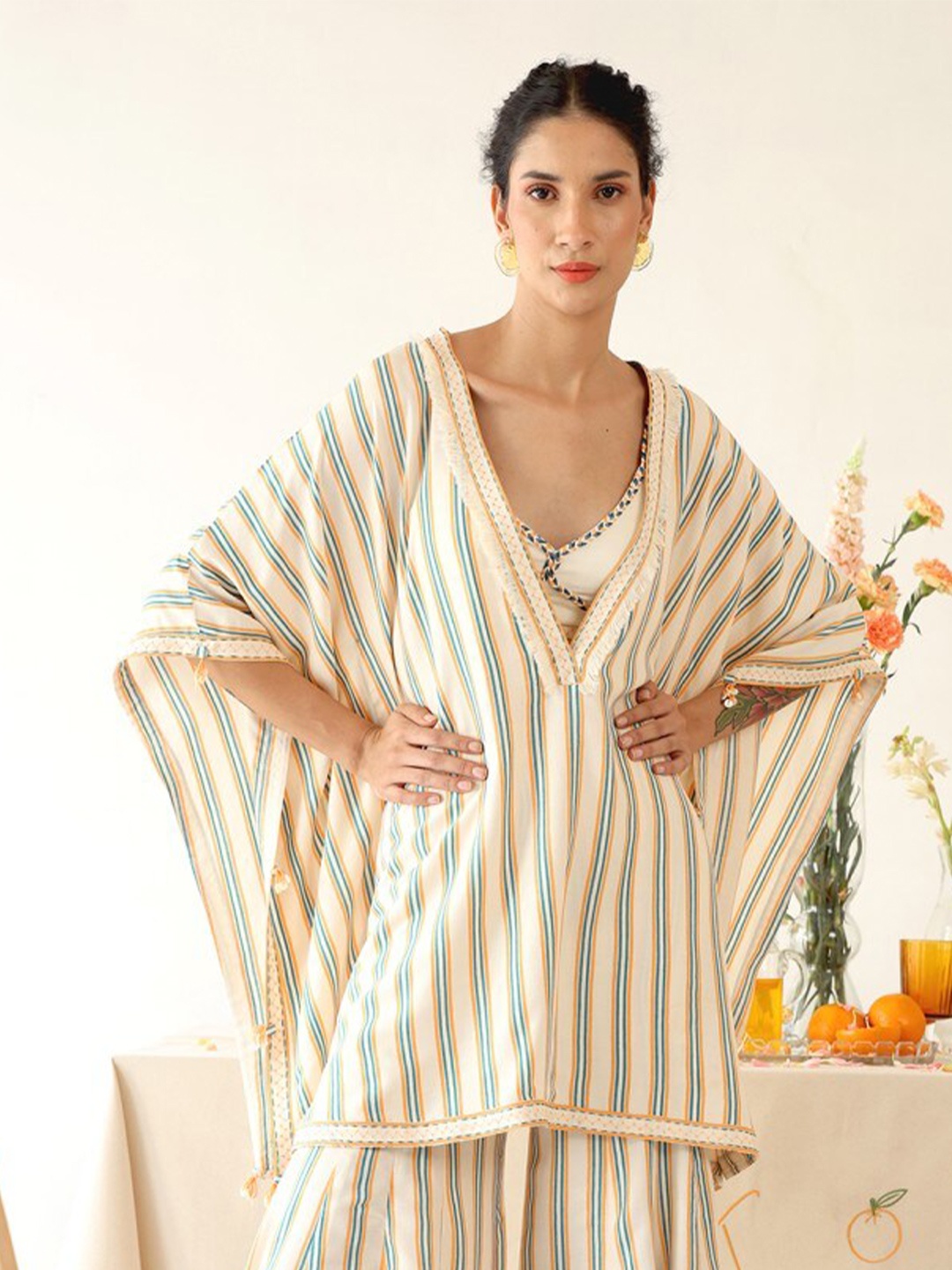 

Baise Gaba Striped Kimono Sleeve Kaftan Longline Top, Off white