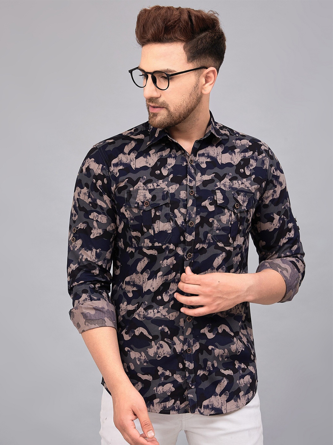 

LOUIS MONARCH Comfort Camouflage Printed Cotton Casual Shirt, Grey