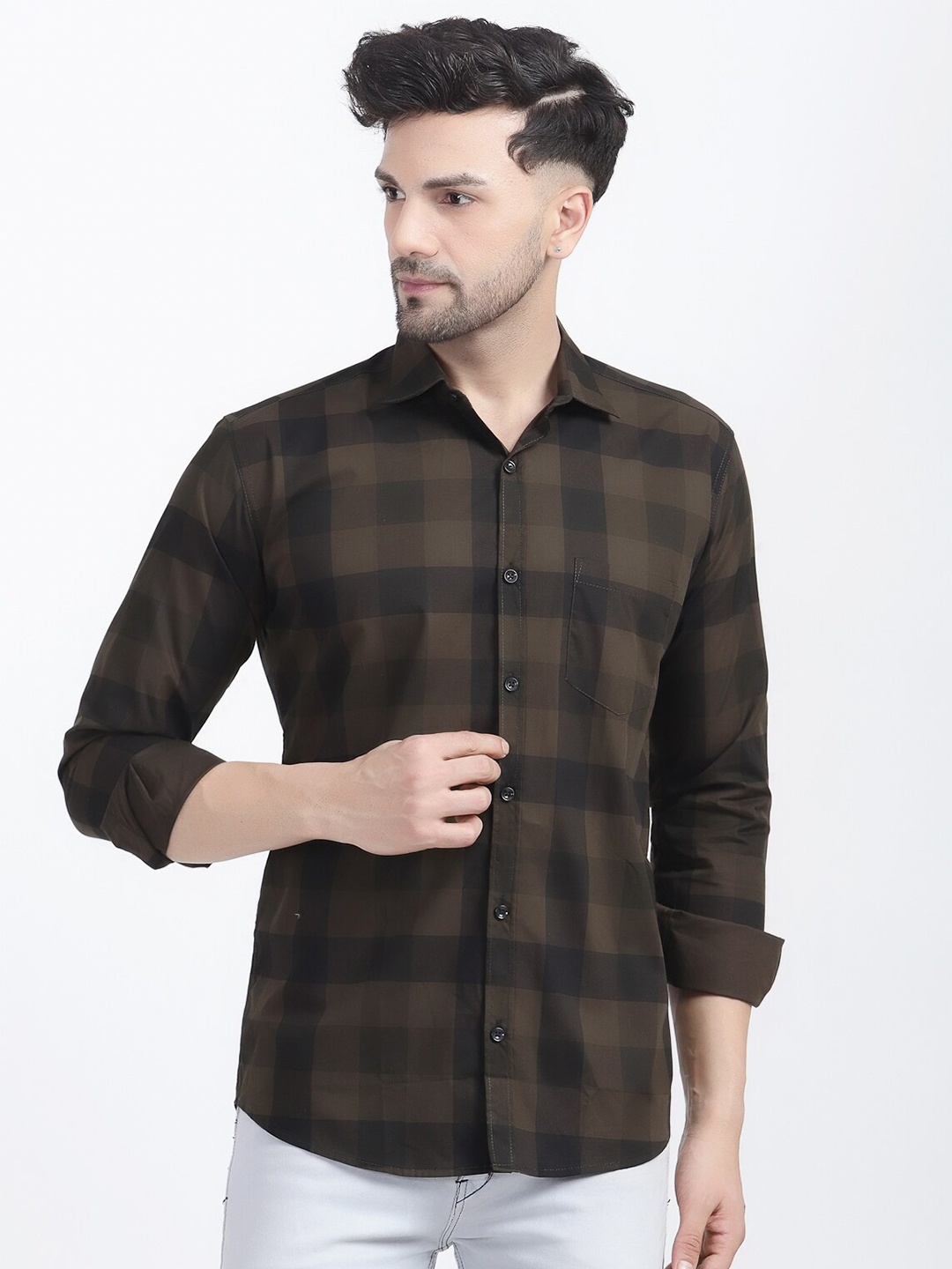

LOUIS MONARCH Comfort Buffalo Checks Spread Collar Long Sleeves Cotton Casual Shirt, Brown