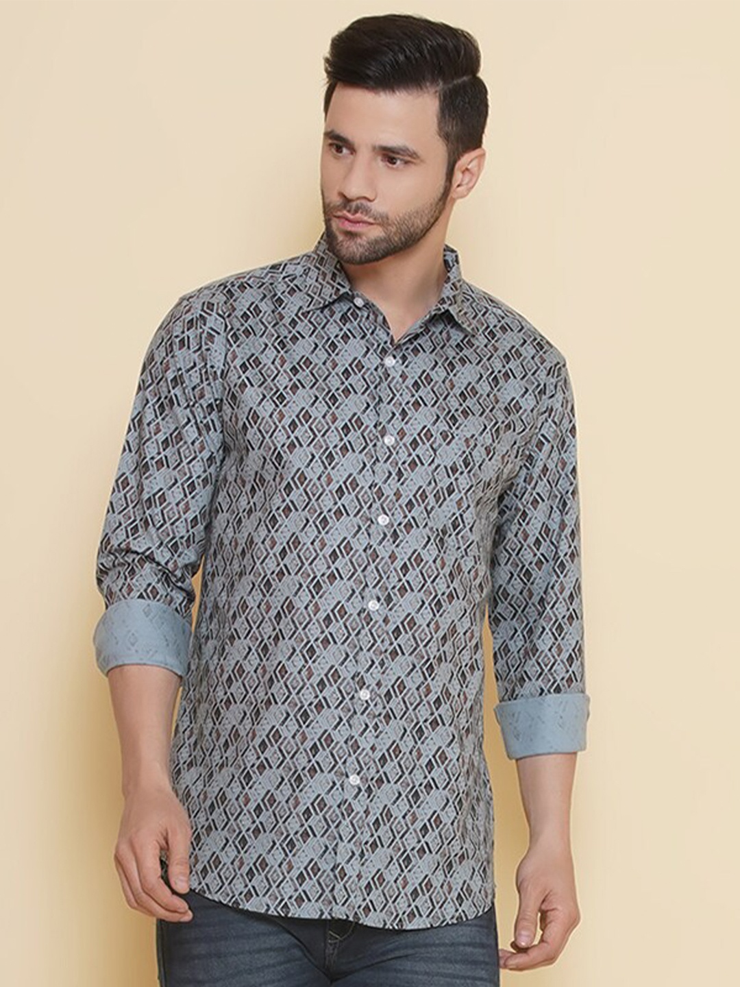 LOUIS MONARCH Comfort Geometric Printed Spread Collar Long Sleeves Cotton Casual Shirt, Blue