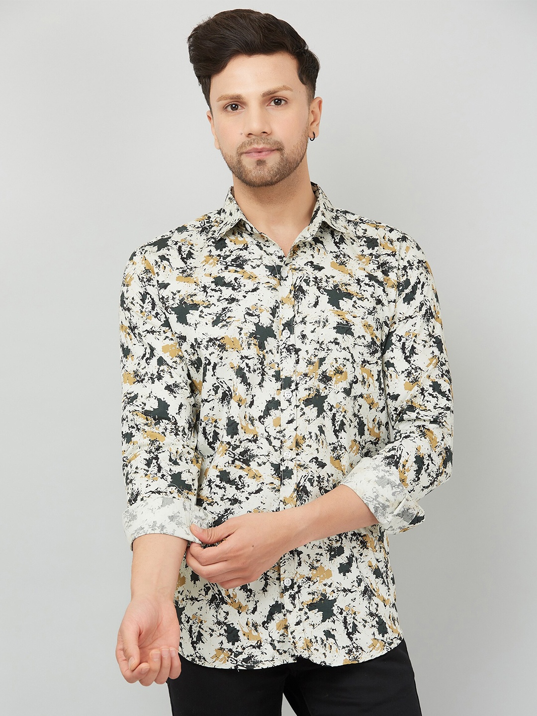 

LOUIS MONARCH Comfort Abstract Printed Cotton Casual Shirt, Cream
