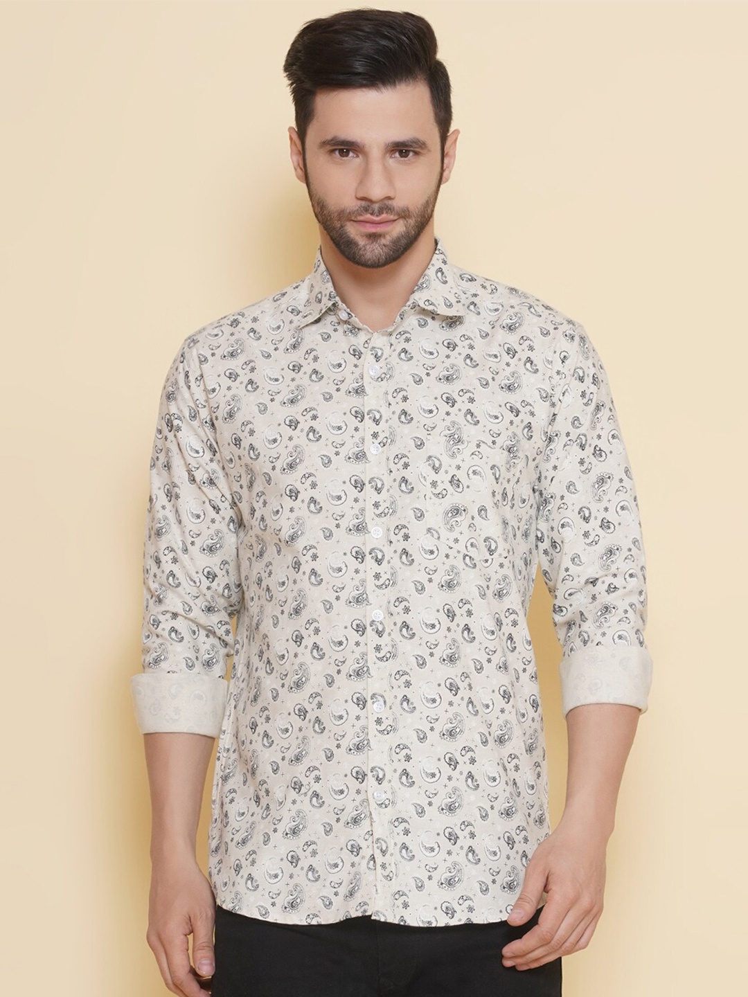 

LOUIS MONARCH Comfort Floral Printed Spread Collar Long Sleeves Cotton Casual Shirt, Cream