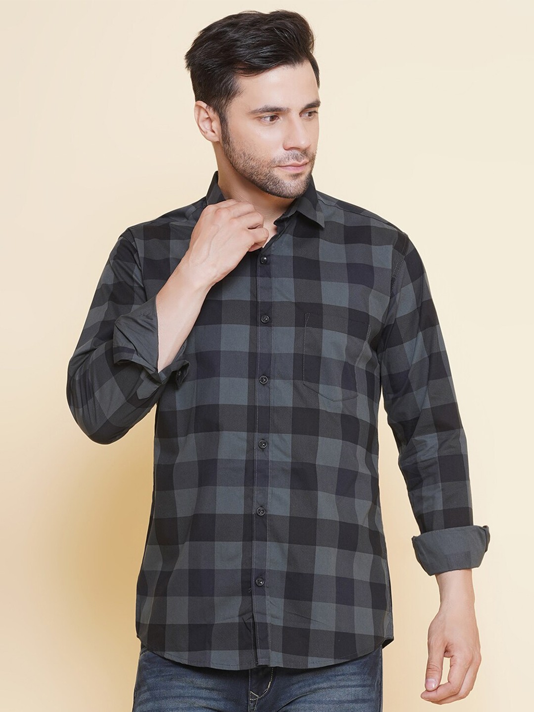 

LOUIS MONARCH Comfort Buffalo Checks Spread Collar Long Sleeves Cotton Casual Shirt, Grey