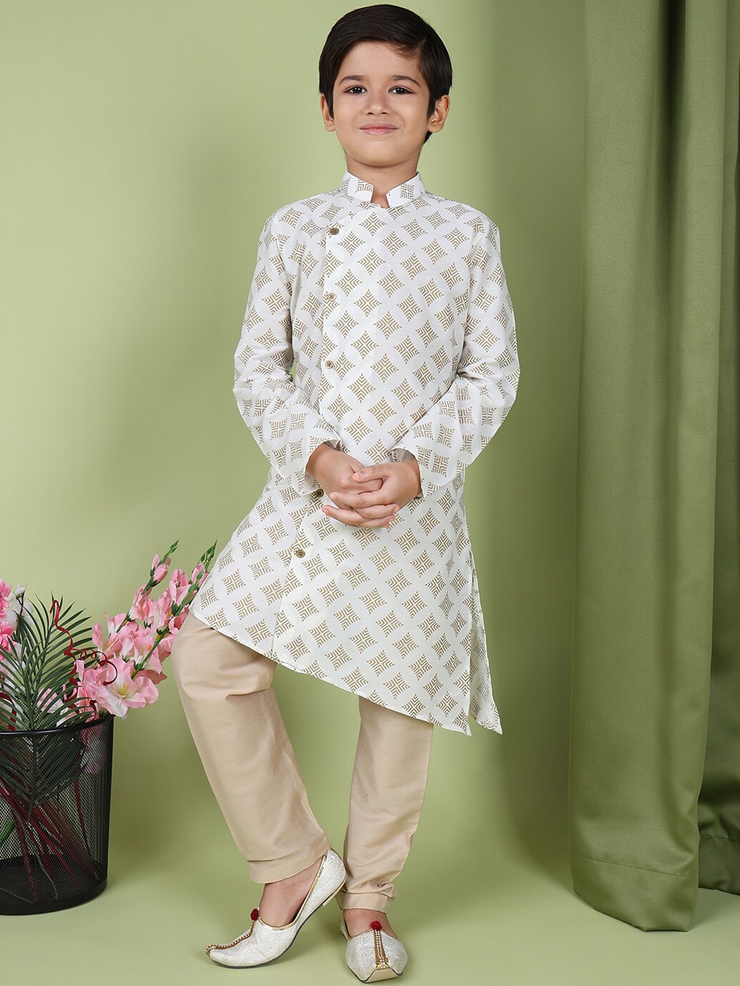 TABARD Boys Geometric Woven Design Angrakha Straight Cotton Kurta, White