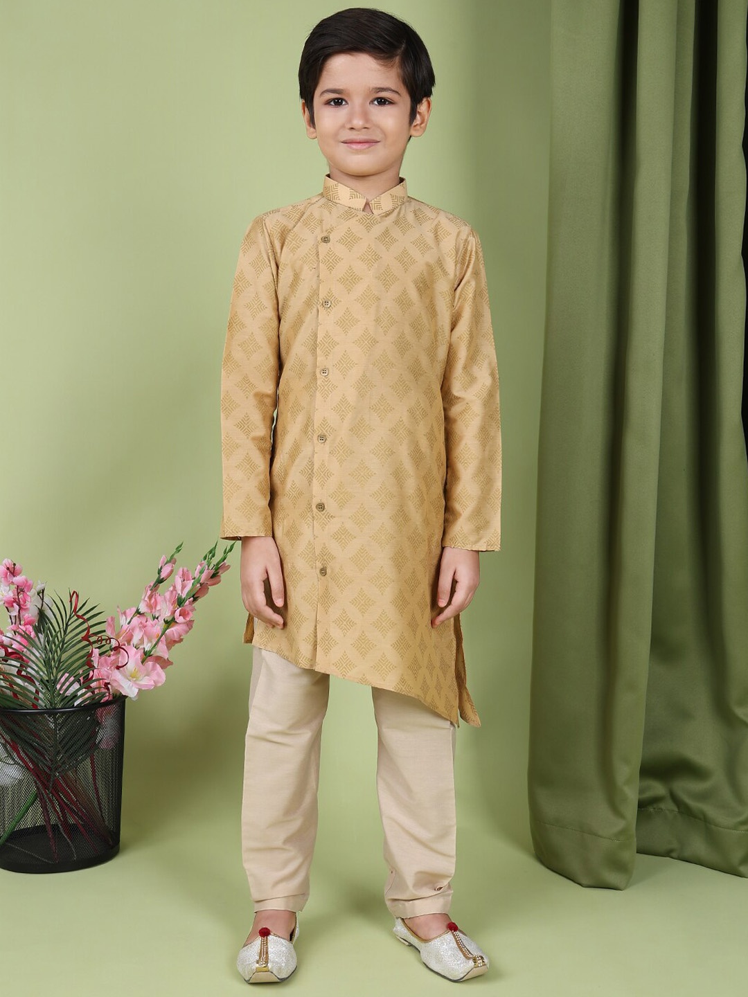 TABARD Boys Geometric Woven Design Angrakha Straight Cotton Kurta, Beige