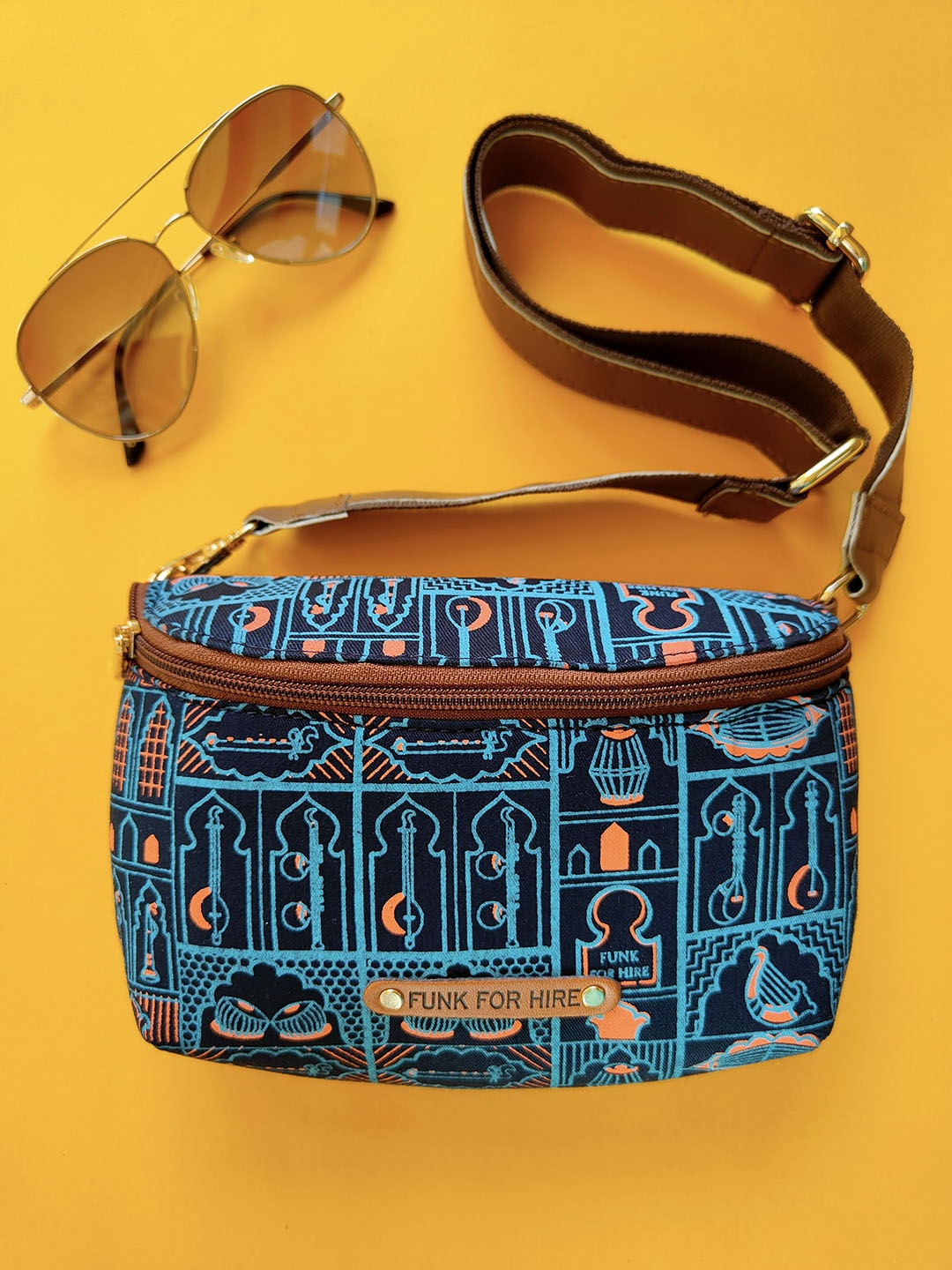 

Funk For Hire Ethnic Motifs Printed Cotton Canvas Leather Structured Sling Bag, Navy blue