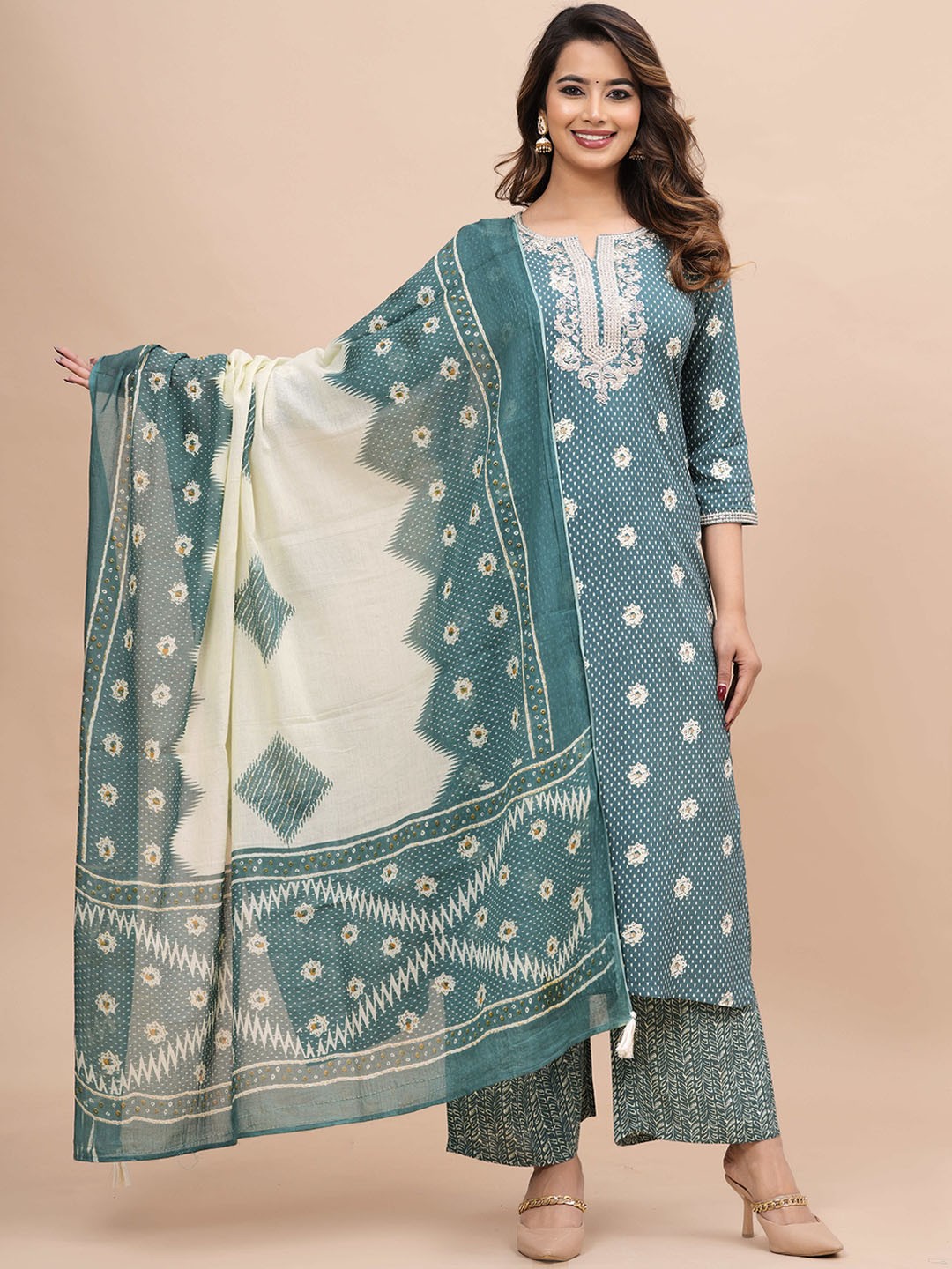 

BAESD Floral Embroidered Regular Gotta Patti Kurta With Trousers & Dupatta, Green