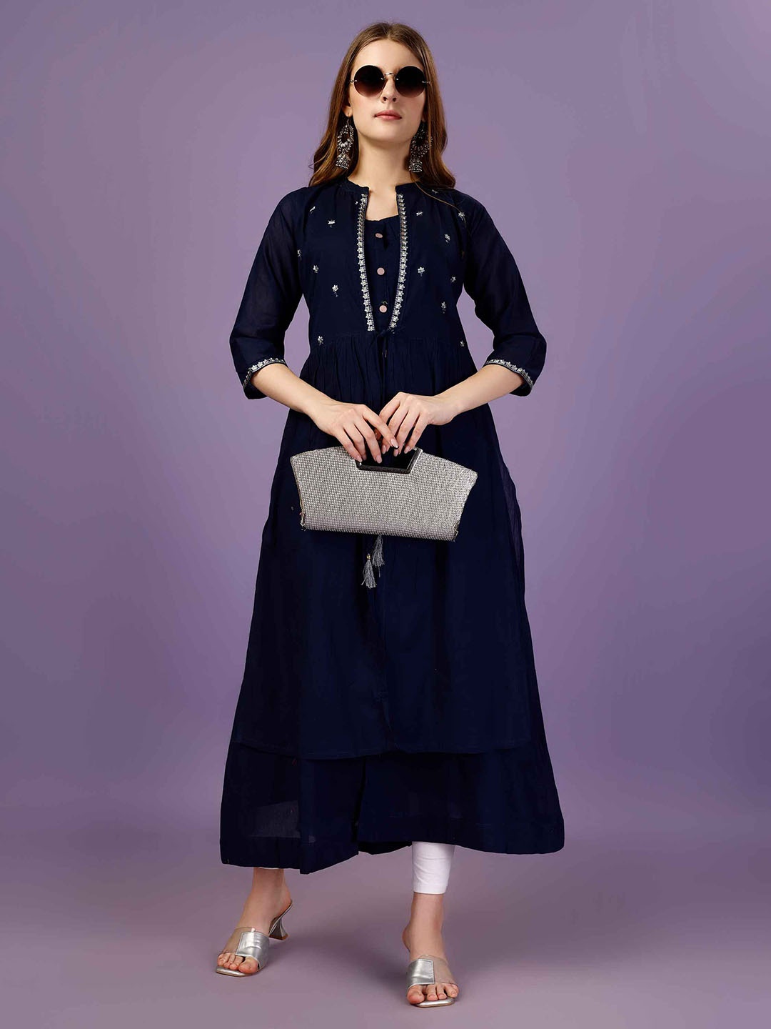 

Archittam Floral Embroidered Mandarin Collar Cotton Silk A-Line Kurta With Shrug, Black