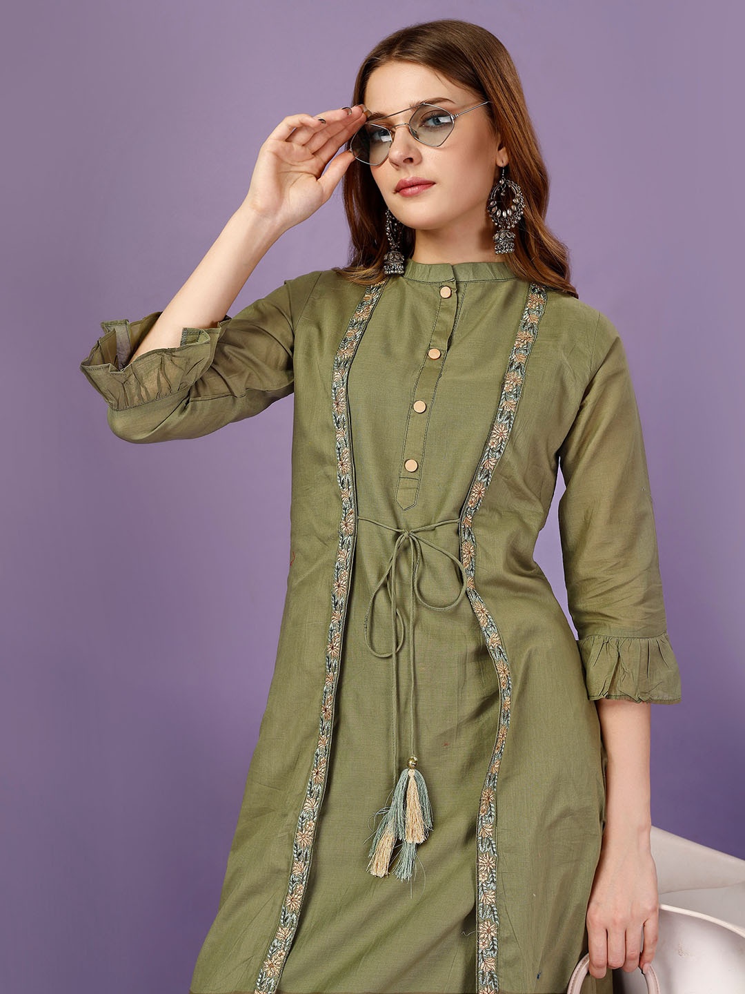 

Archittam Floral Embroidered Mandarin Collar Cotton Silk A-Line Kurta With Shrug, Olive