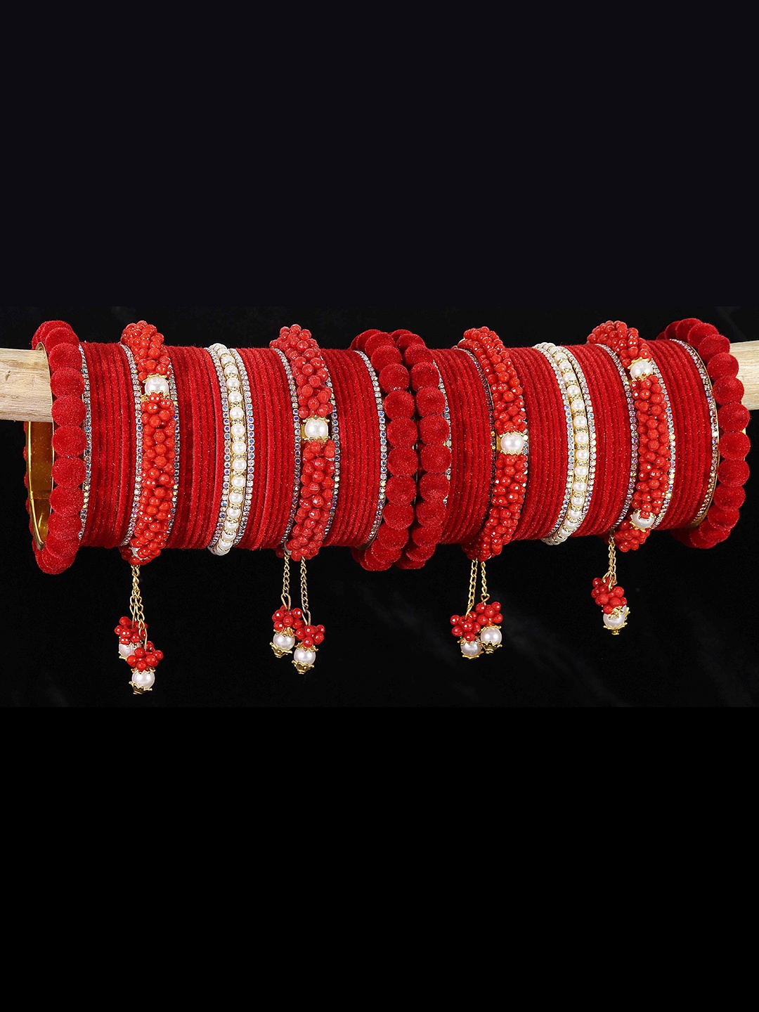 

NMII Set of 74 Stone-Studded & Pearl-Beaded Velvet Latkan Bridal Chuda Bangles, Red